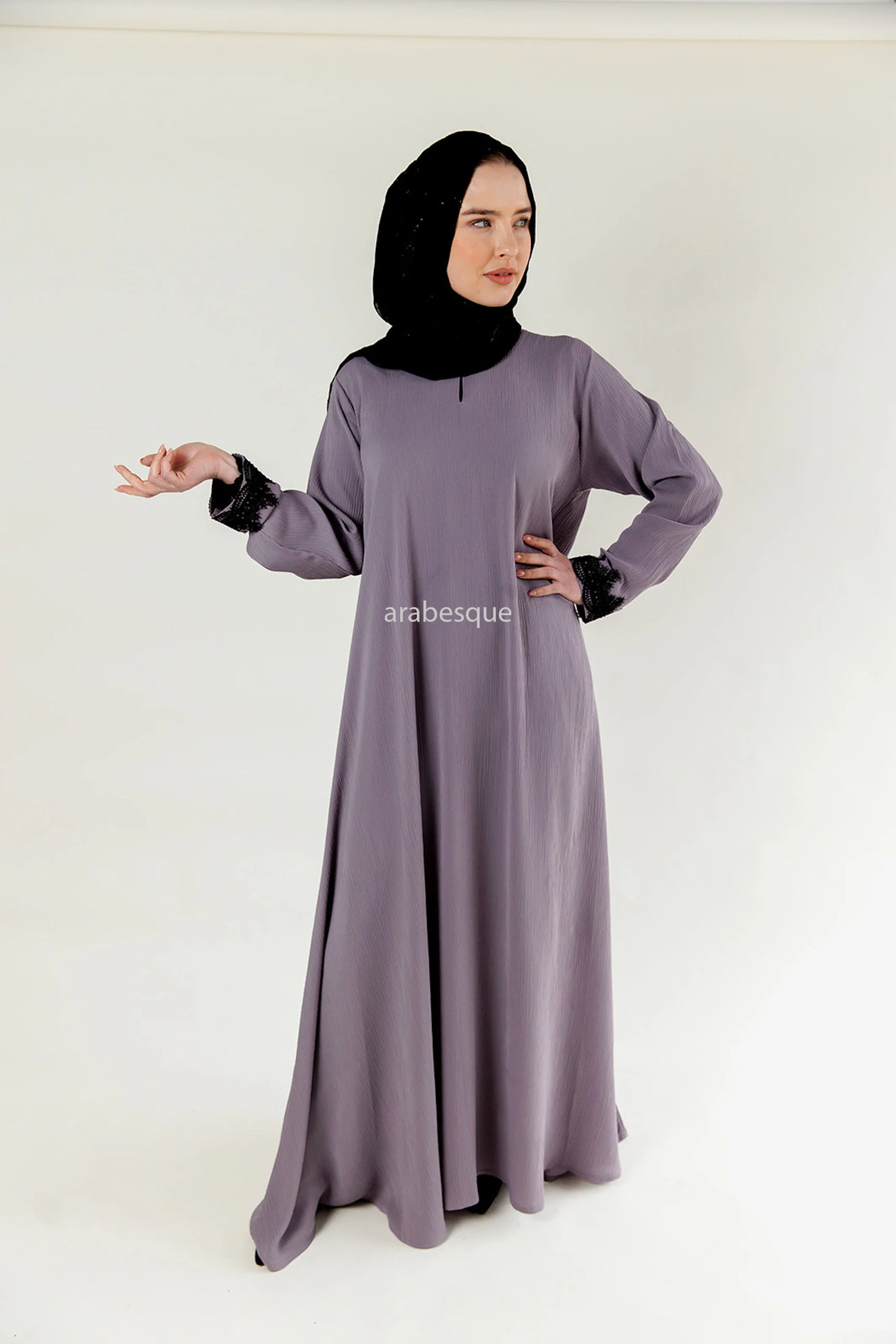 Lilac Closed Abaya – Textured Umbrella Cut Design with Lace Detail