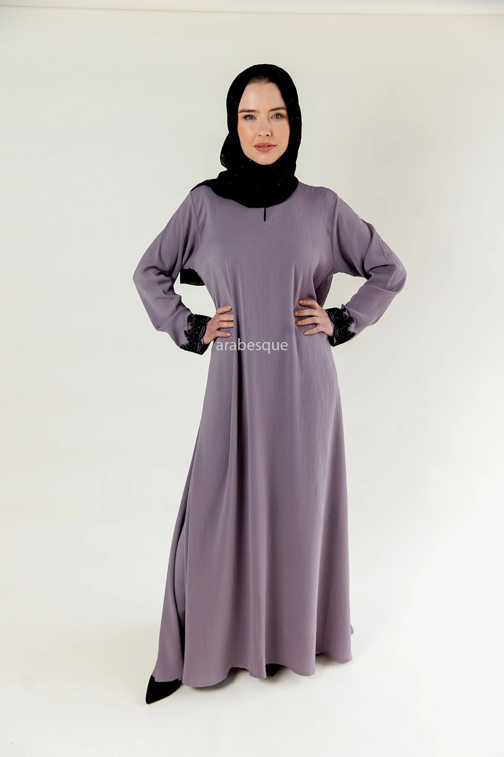 Lilac Closed Abaya – Textured Umbrella Cut Design with Lace Detail - Image 5