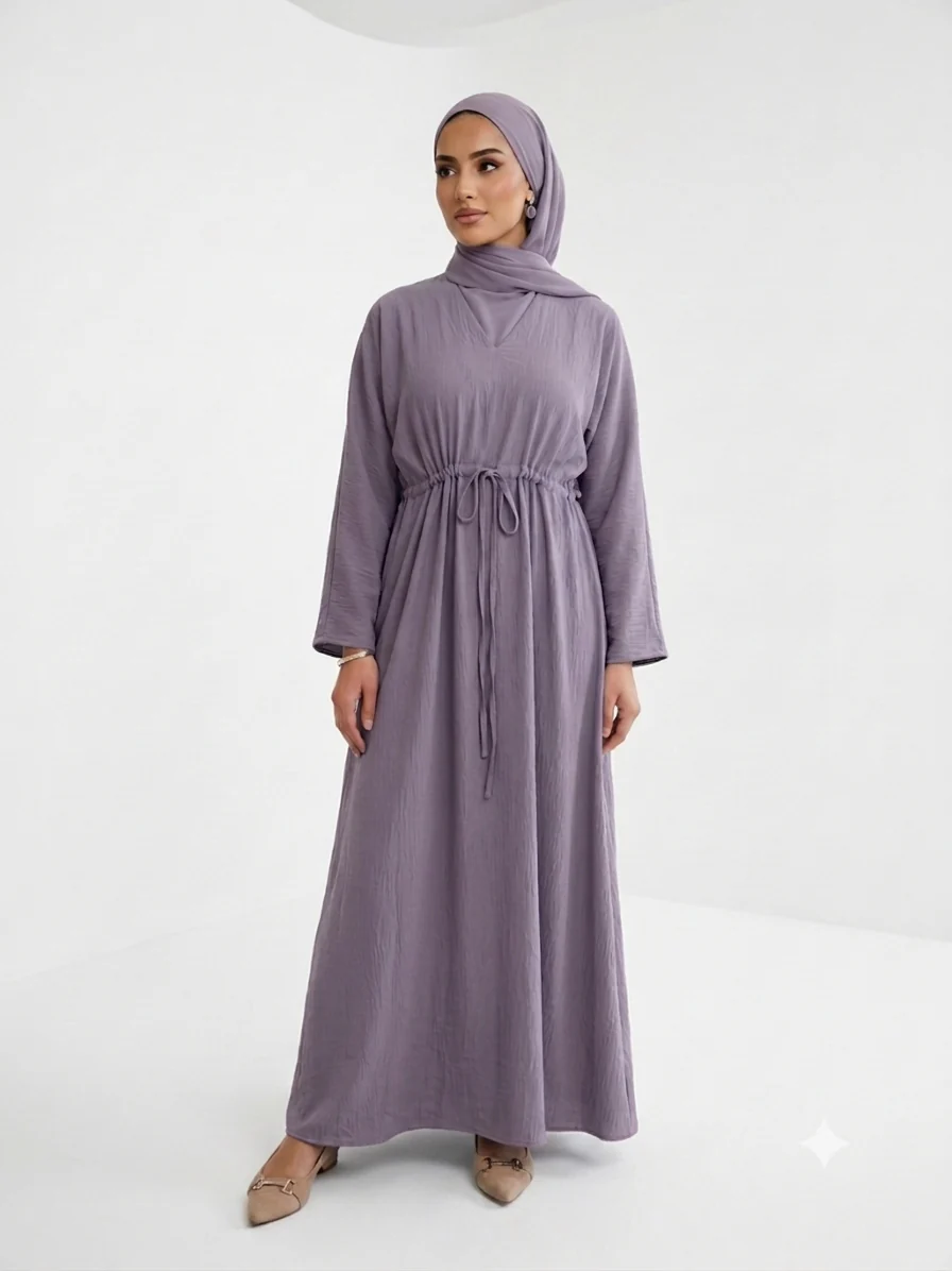 Lilac Closed Abaya - Plain Crushed Polyester with Drawstring Waist