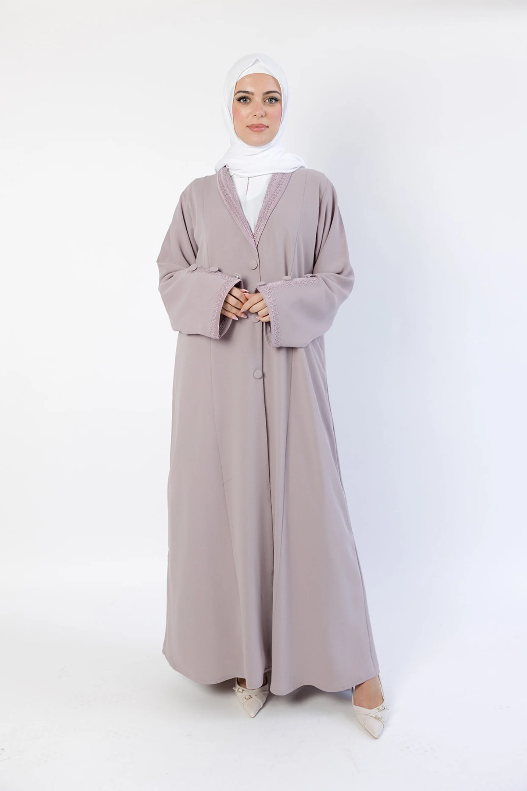 Lilac Embroidered Collar and Cuffs Open Abaya