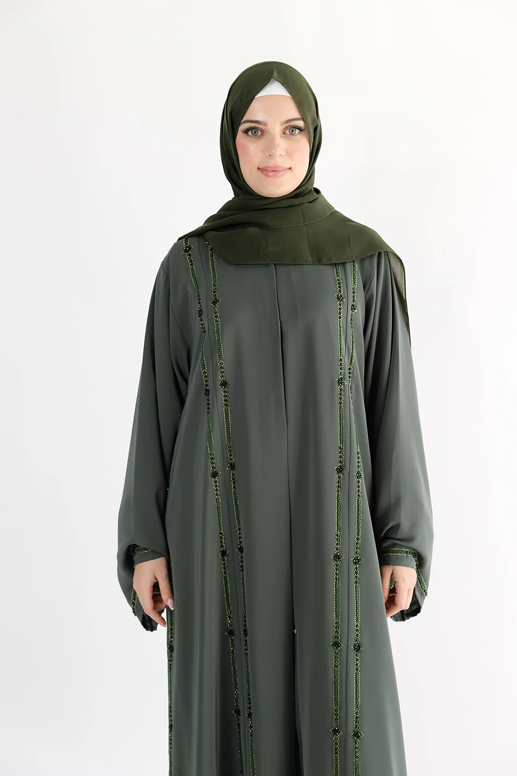 Green Open Abaya – Luxurious Tonal Beaded Detailing - Image 3