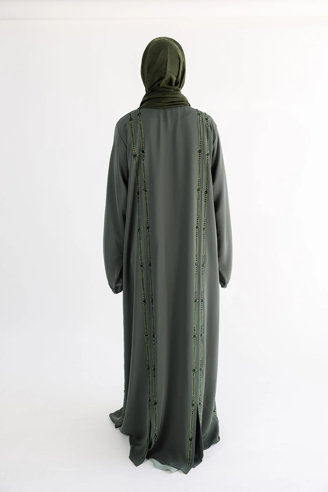 Green Open Abaya – Luxurious Tonal Beaded Detailing - Image 5