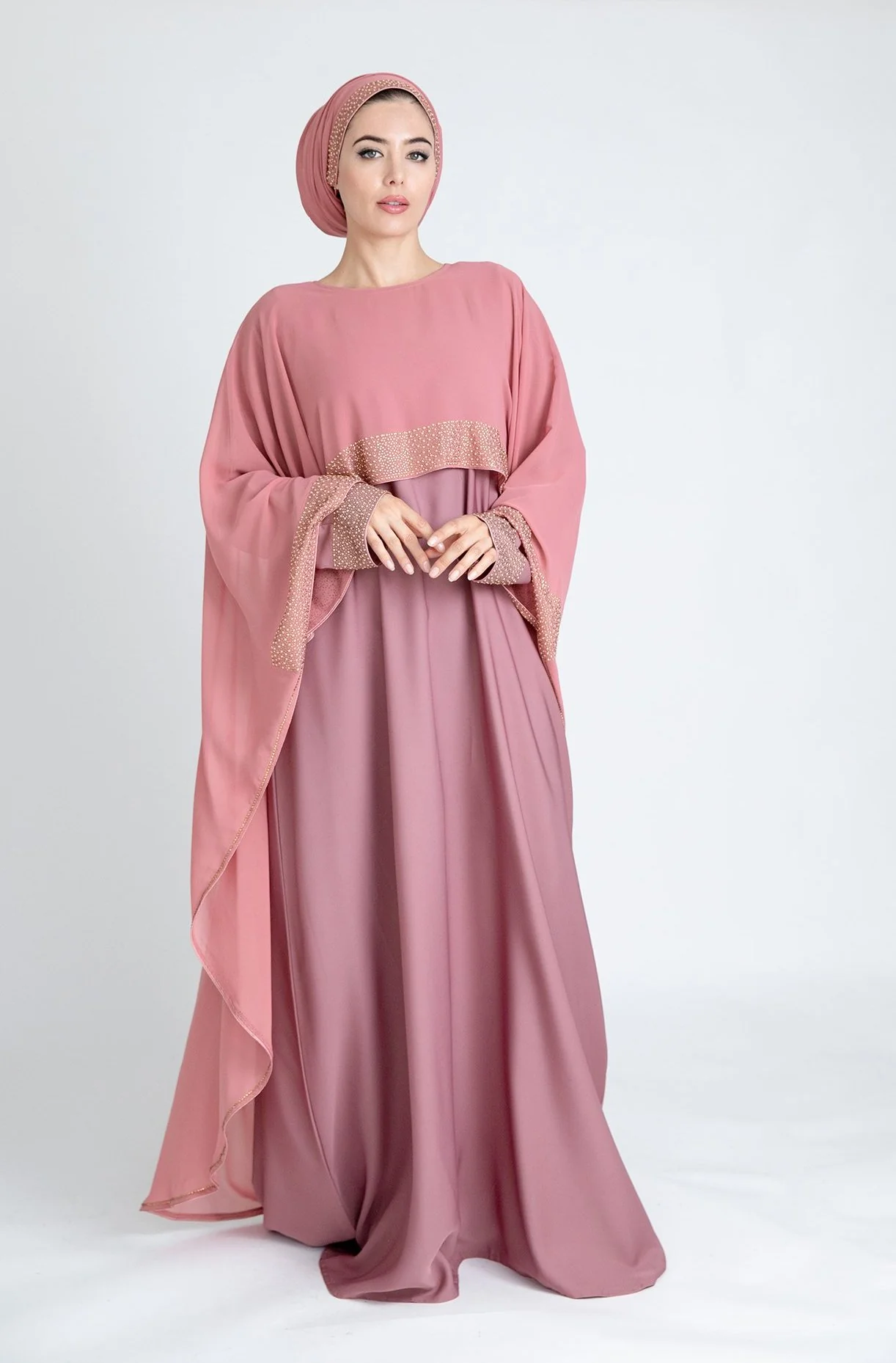 Blush Closed Abaya - Chiffon Cape Design with Pearl & Diamante