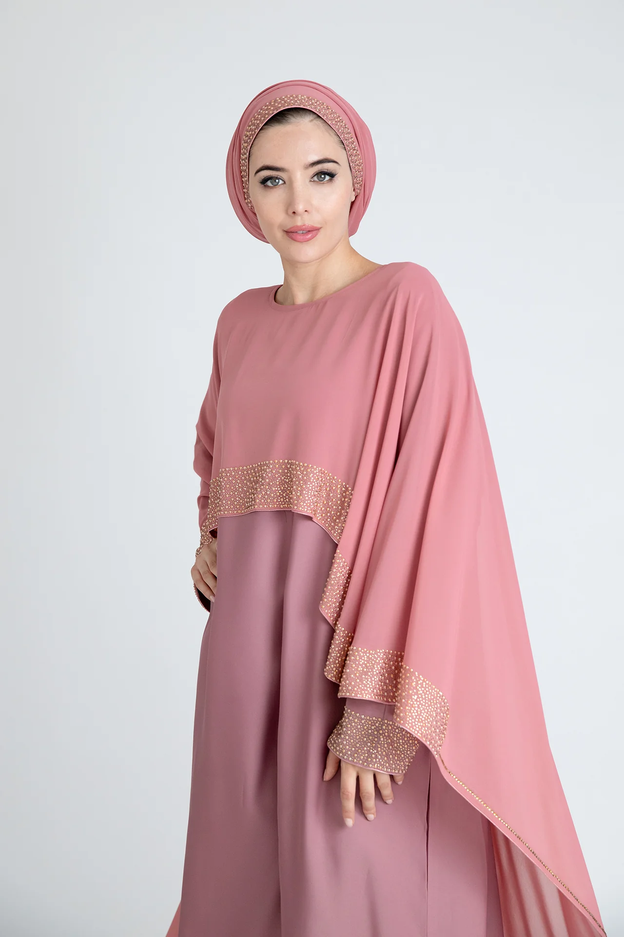 Blush Closed Abaya - Chiffon Cape Design with Pearl & Diamante - Image 2