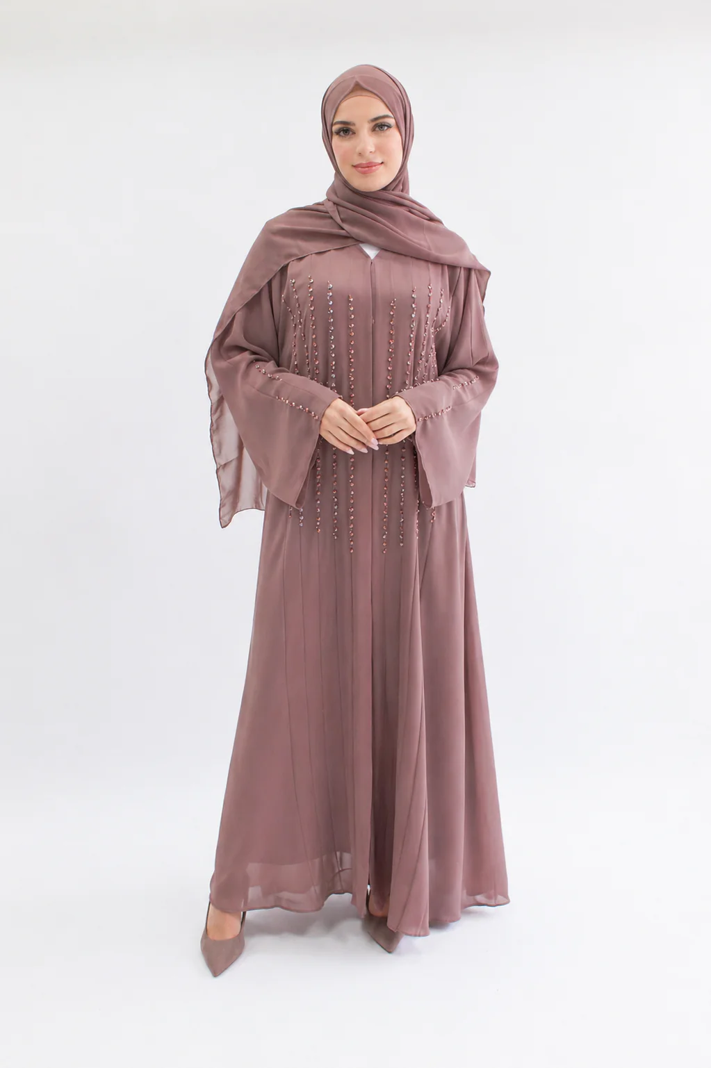 Taupe Luxury Crystal Linear Beaded Embellished Open Abaya