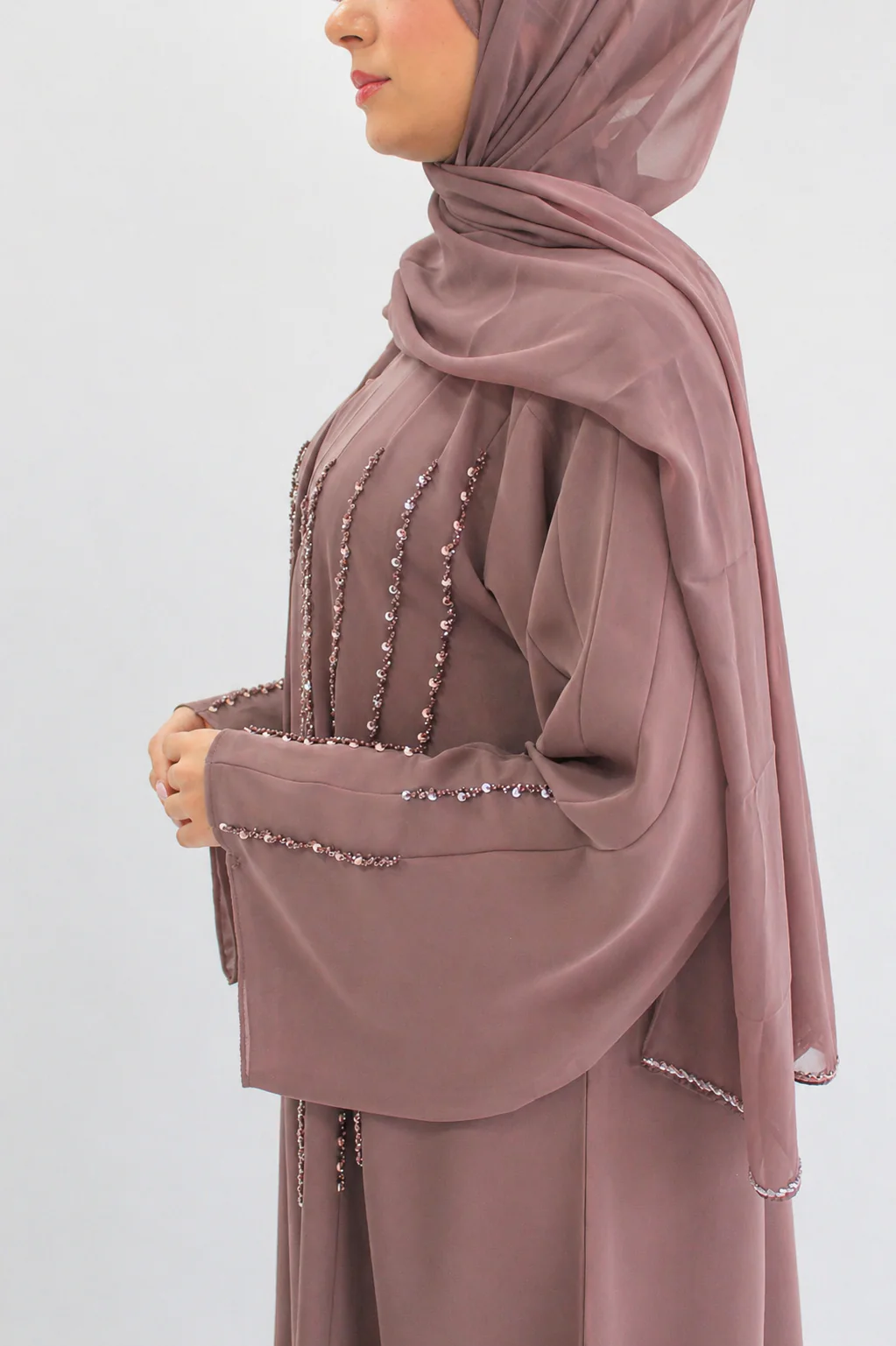 Taupe Luxury Crystal Linear Beaded Embellished Open Abaya - Image 3