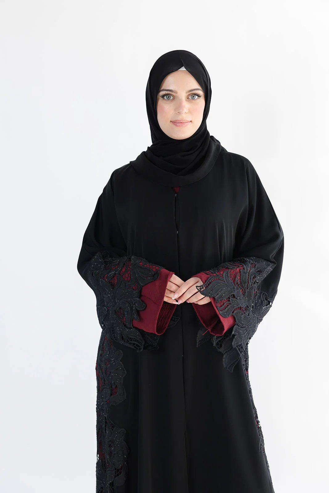 Black Open Abaya – Luxury Floral Lace Design - Image 3