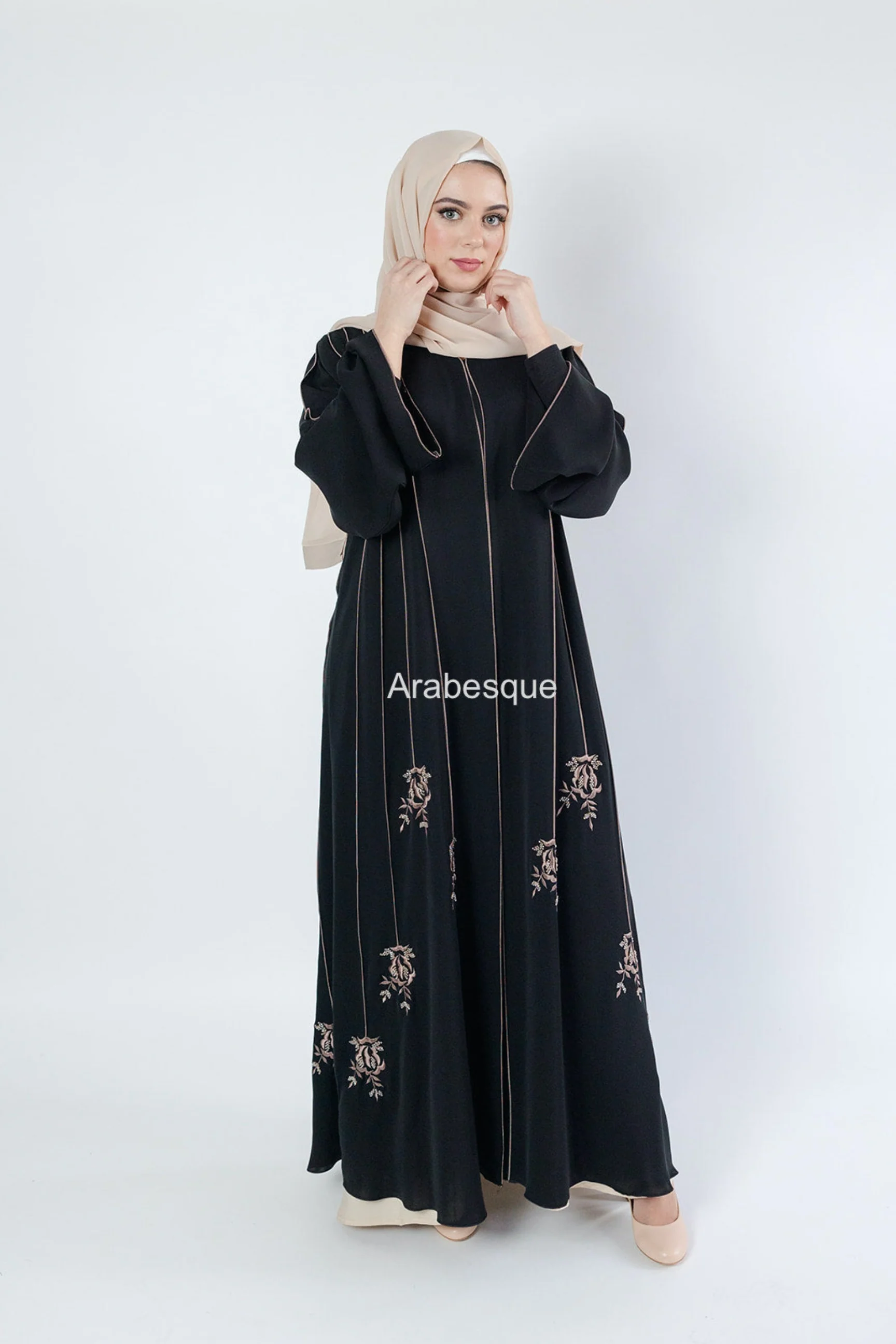 Luxury Black Open Abaya – Striped Embroidery with Floral Beaded Detailing