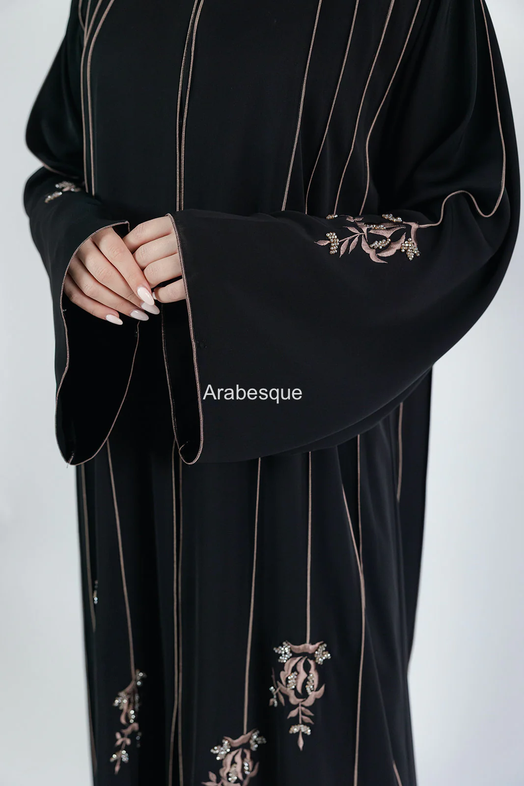 Luxury Black Open Abaya – Striped Embroidery with Floral Beaded Detailing - Image 3