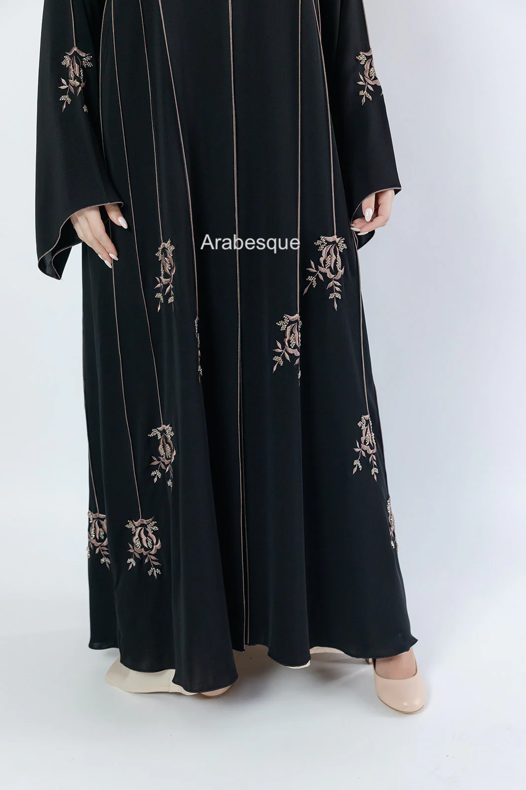 Luxury Black Open Abaya – Striped Embroidery with Floral Beaded Detailing - Image 4