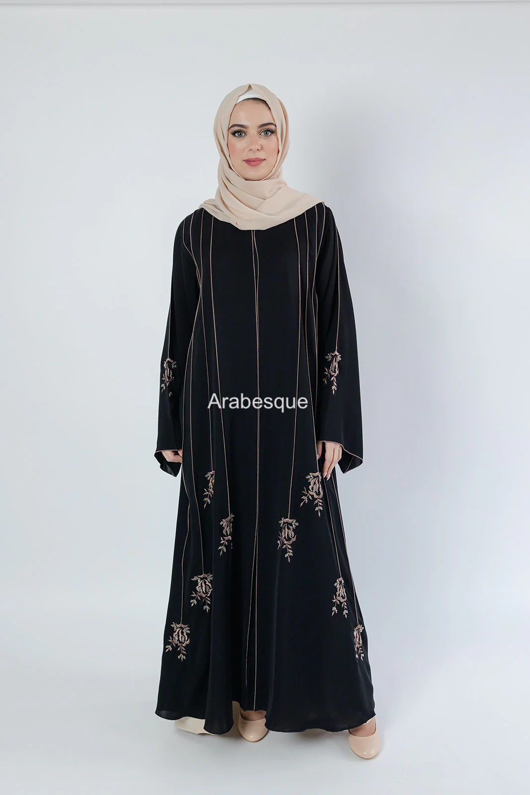 Luxury Black Open Abaya – Striped Embroidery with Floral Beaded Detailing - Image 5