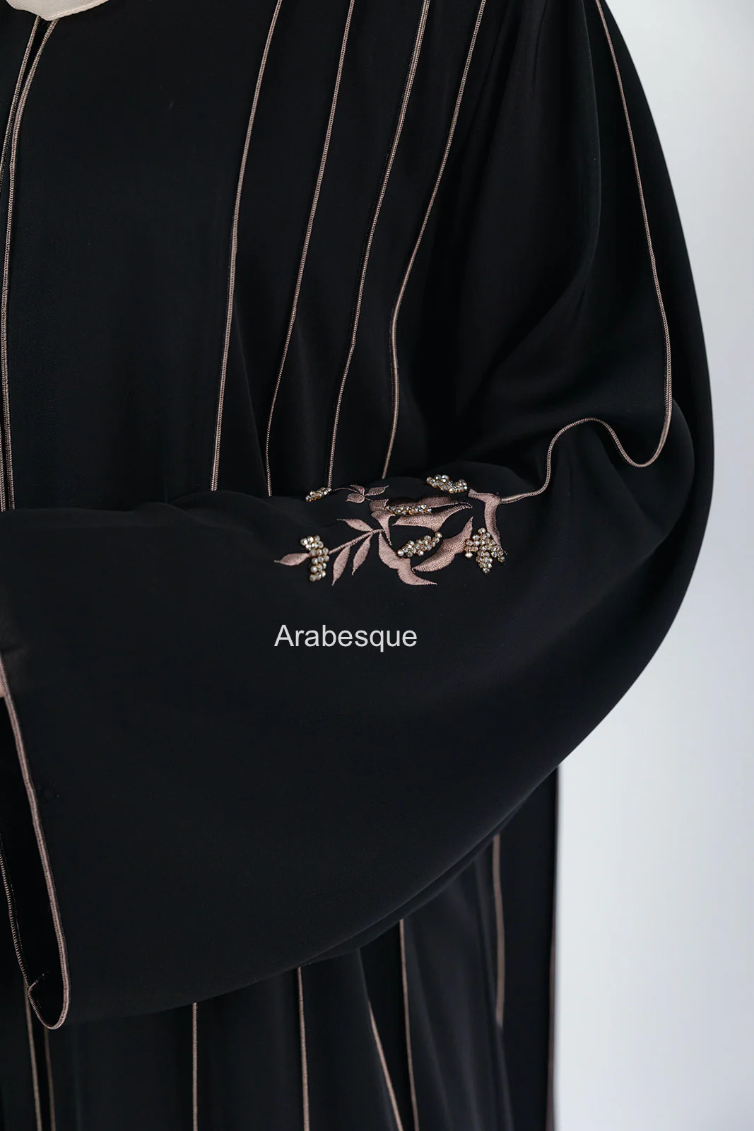 Luxury Black Open Abaya – Striped Embroidery with Floral Beaded Detailing - Image 6