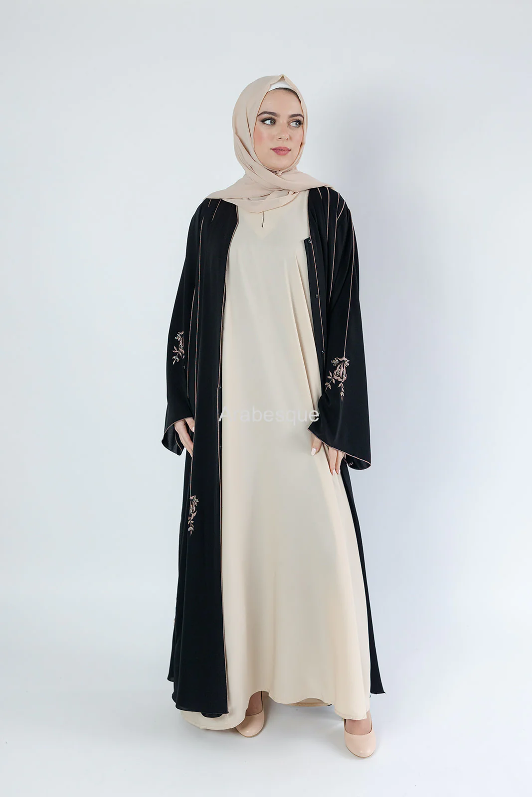 Luxury Black Open Abaya – Striped Embroidery with Floral Beaded Detailing - Image 7