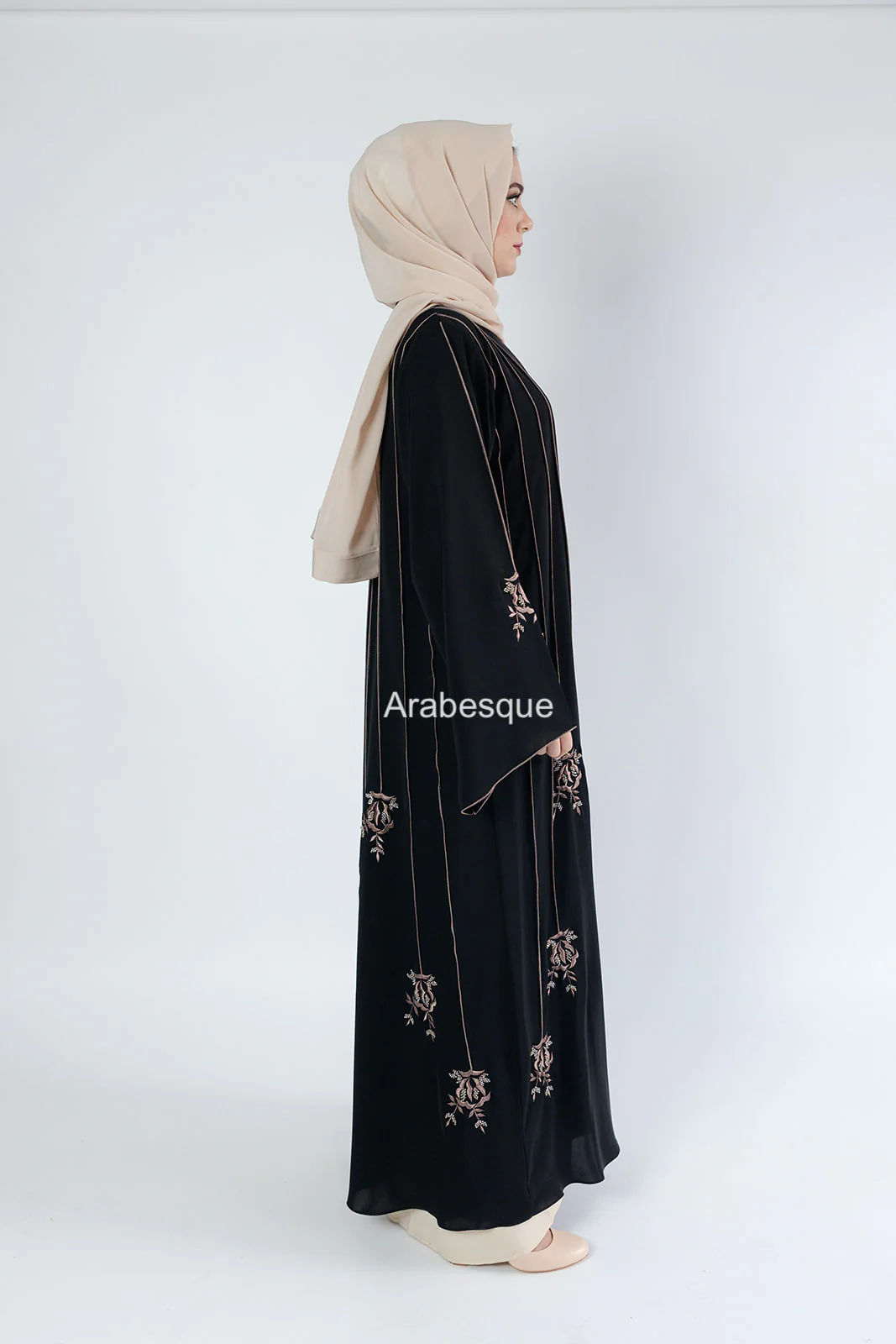 Luxury Black Open Abaya – Striped Embroidery with Floral Beaded Detailing - Image 8