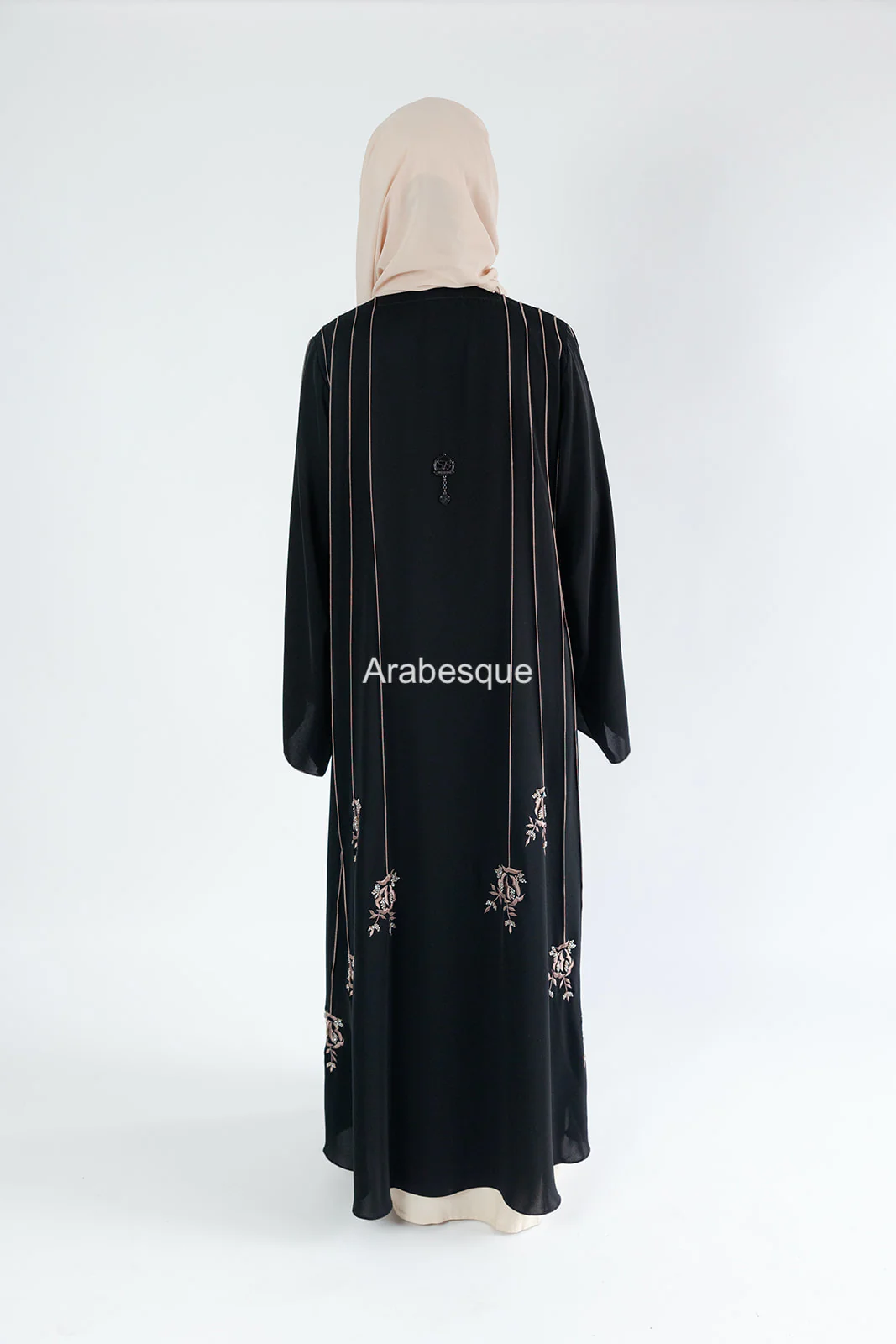 Luxury Black Open Abaya – Striped Embroidery with Floral Beaded Detailing - Image 9