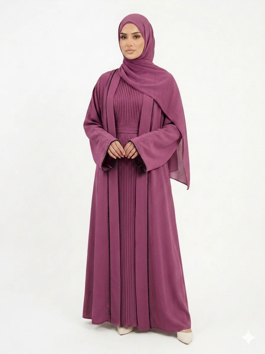 Mauve Double Abaya – Plated Inner Slip With Beaded Border