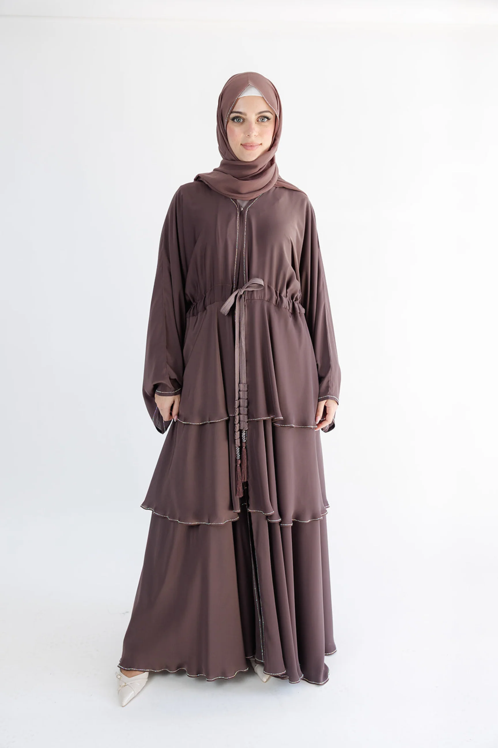 Mauve Open Abaya – Luxury Embellished Layered Design with Drawstring Detailing