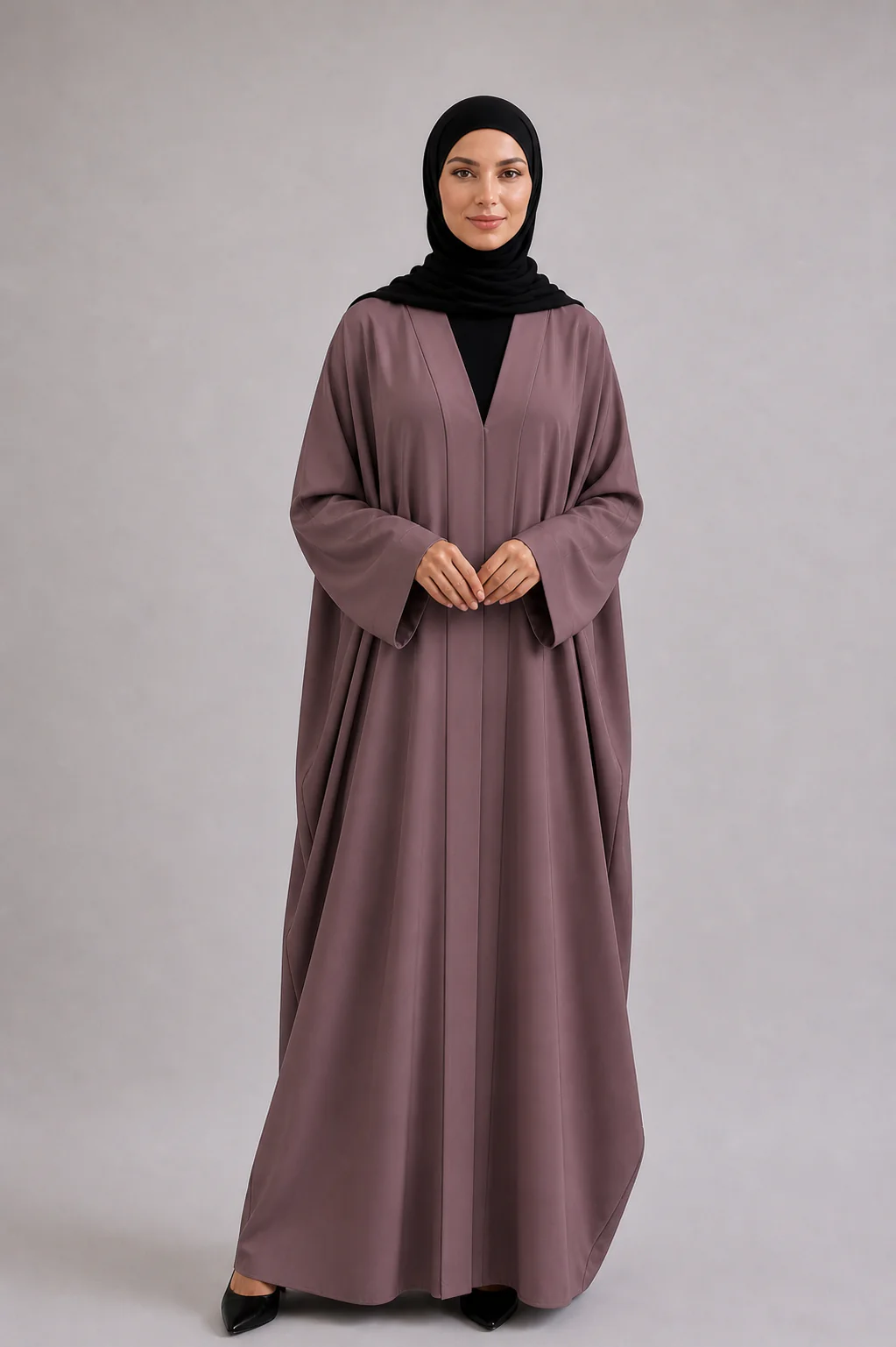 Mauve Open Abaya – Ripple Satin Farasha Design