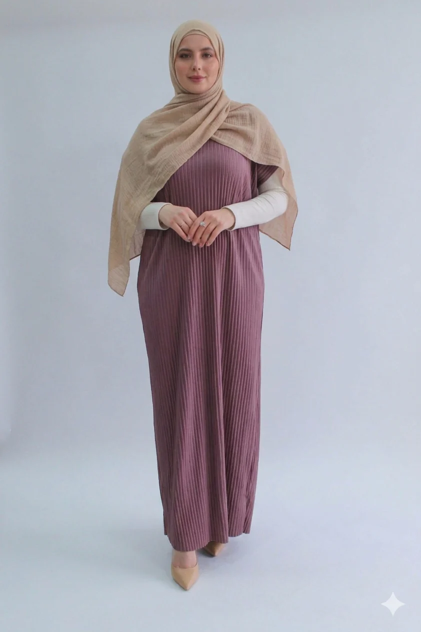 Mauve Pleated Short Sleeve Dress  - Silky Ripple Satin