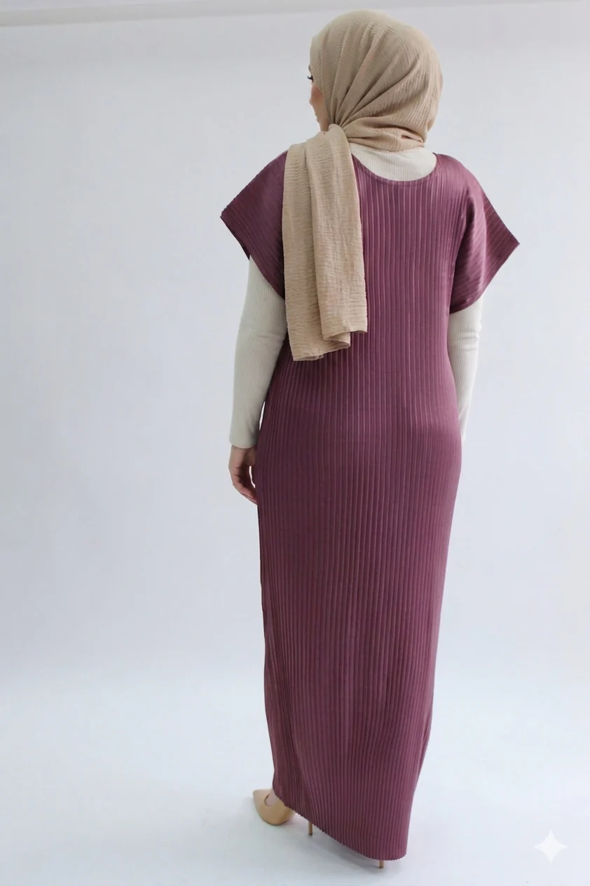 Mauve Pleated Short Sleeve Dress  - Silky Ripple Satin - Image 3