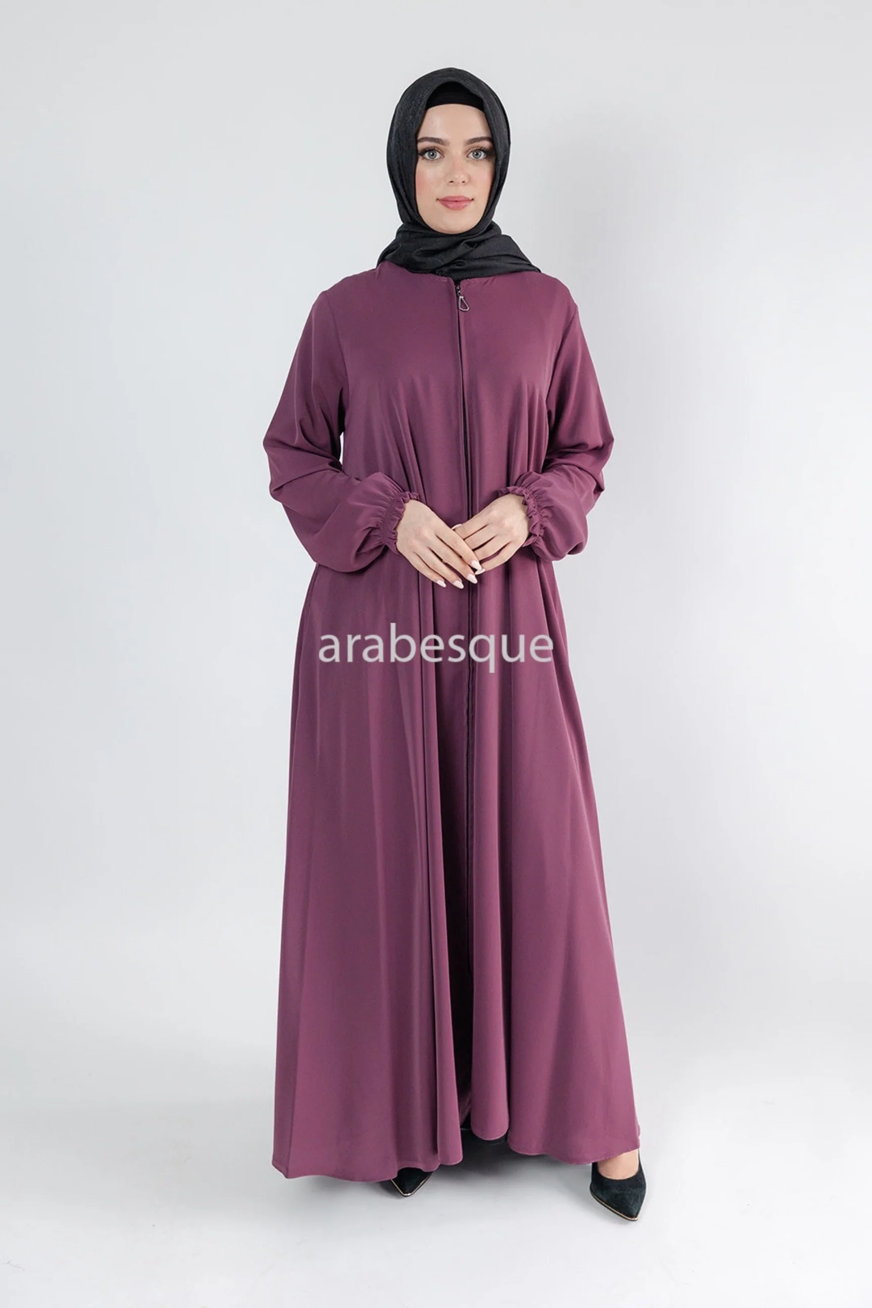 Mauve Umbrella Abaya – Zip Front with Pockets & Elastic Sleeves