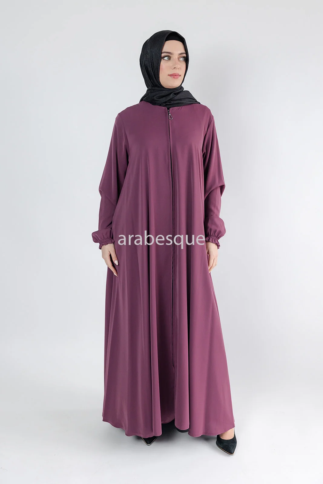 Mauve Umbrella Abaya – Zip Front with Pockets & Elastic Sleeves - Image 2