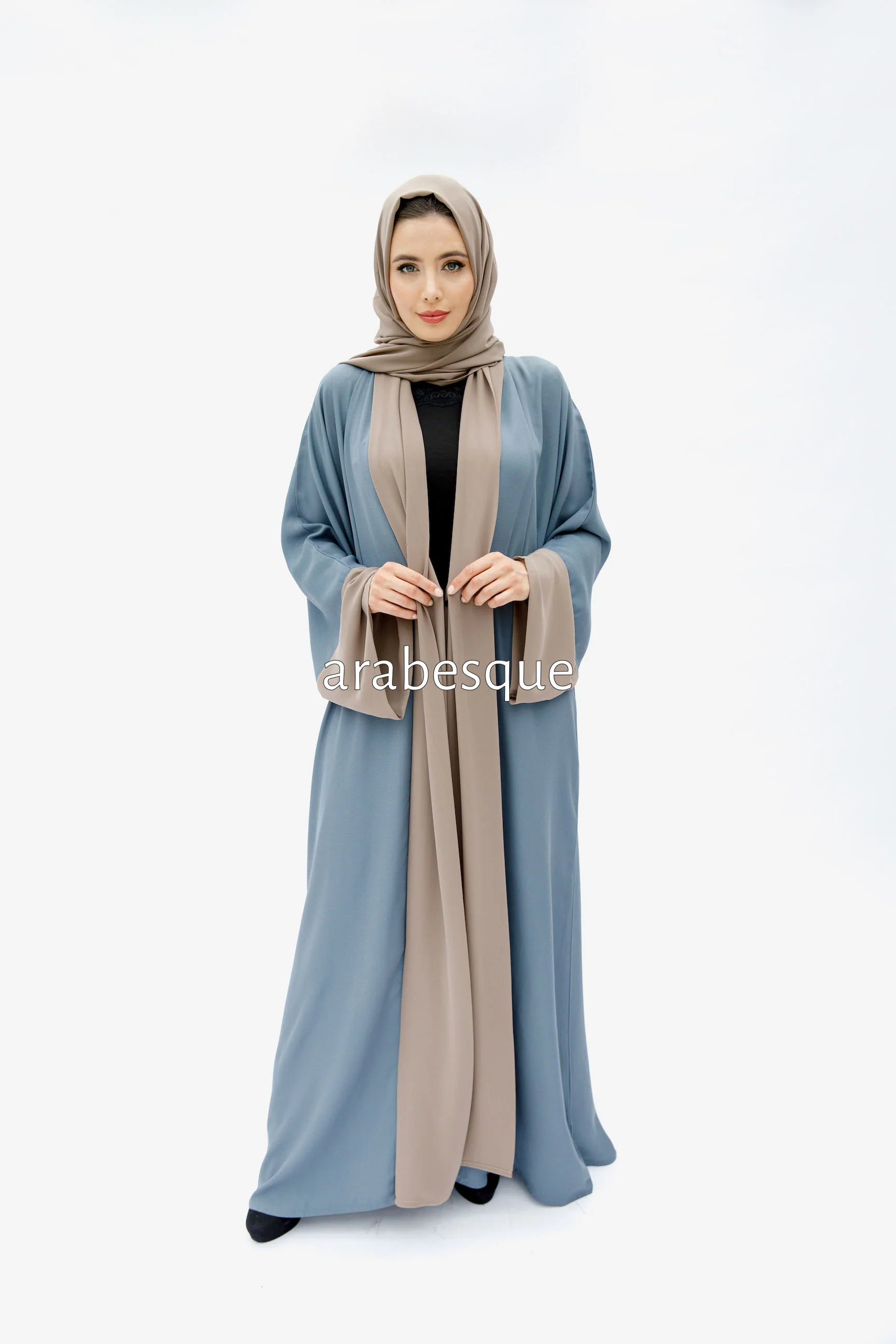 Powder Blue Open Abaya – Luxe Piping Plain Design with Chiffon Trim