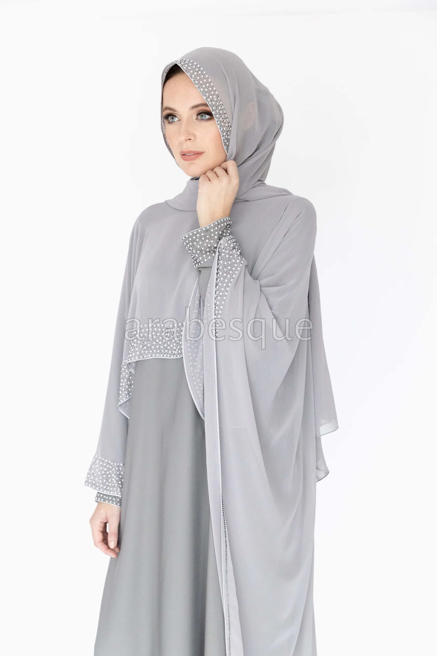 Light Grey Closed Abaya - Cape Chiffon Design with Pearl and Diamante - Image 3