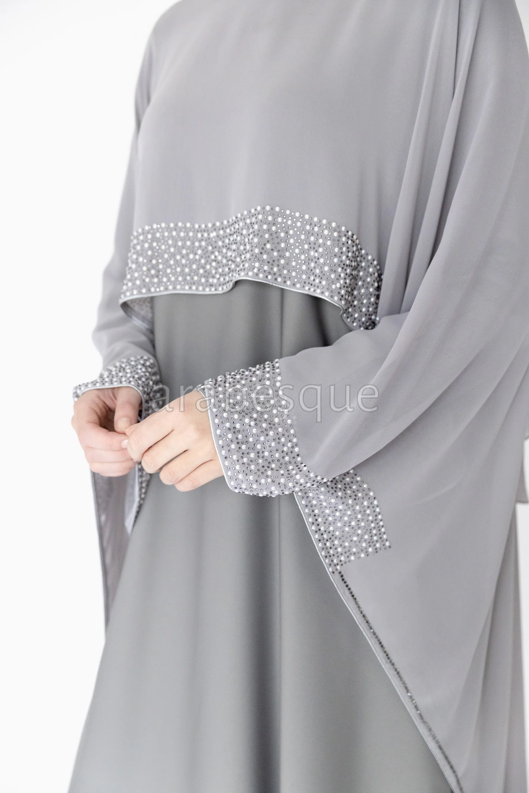 Light Grey Closed Abaya - Cape Chiffon Design with Pearl and Diamante - Image 4