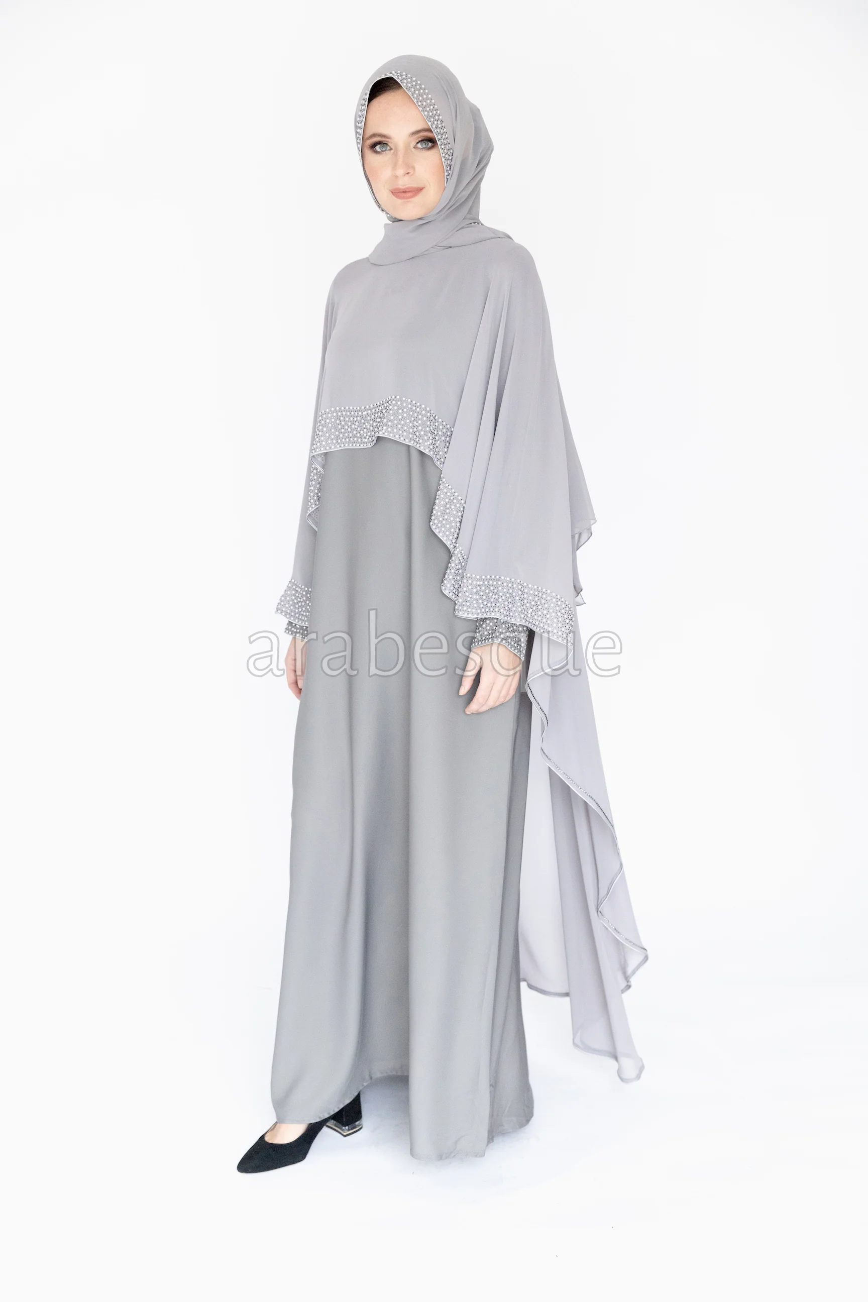 Light Grey Closed Abaya - Cape Chiffon Design with Pearl and Diamante - Image 5