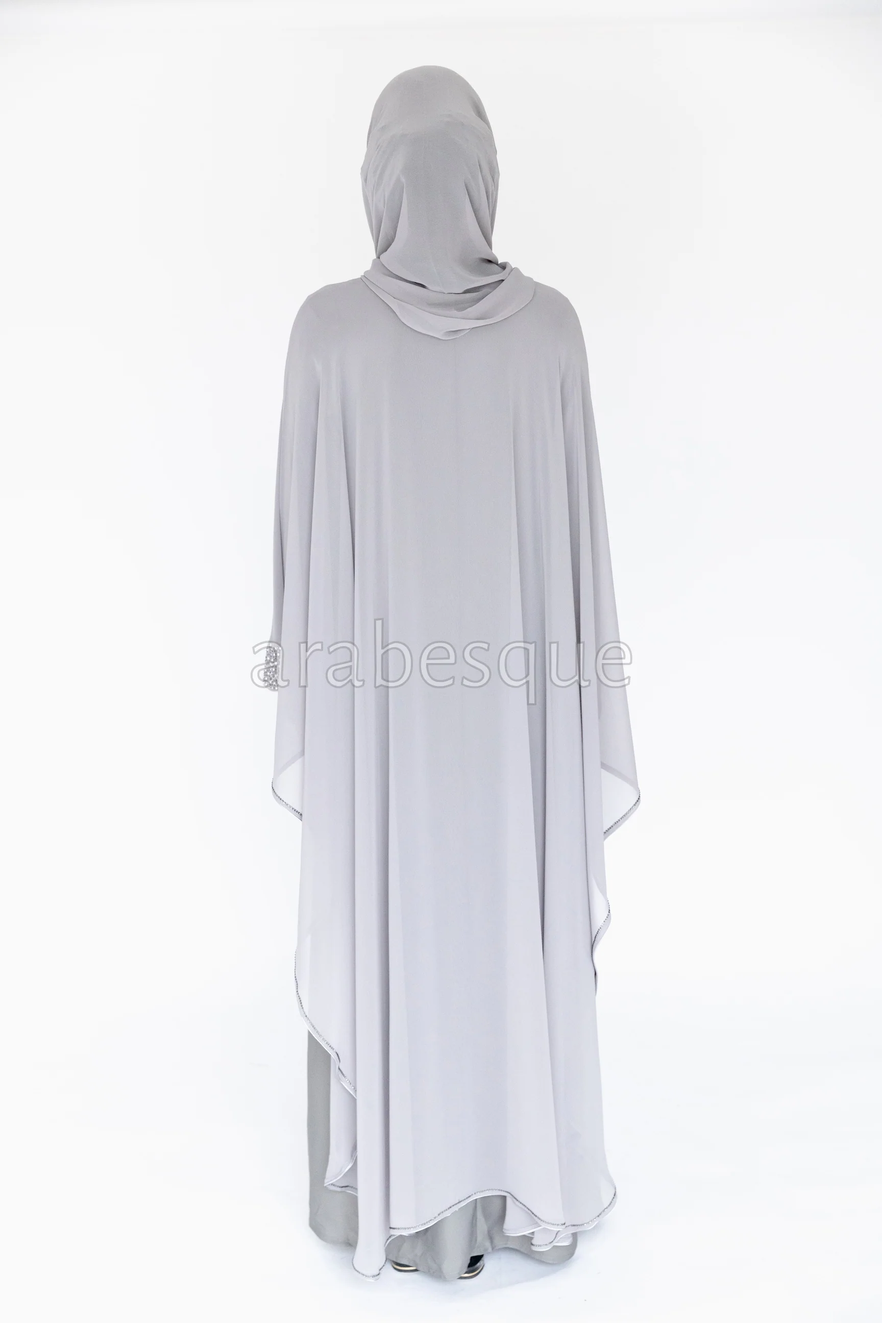 Light Grey Closed Abaya - Cape Chiffon Design with Pearl and Diamante - Image 6