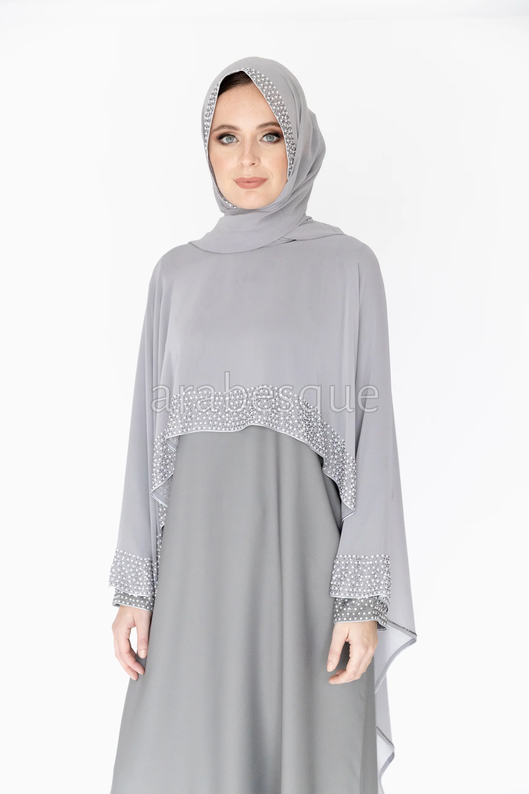 Light Grey Closed Abaya - Cape Chiffon Design with Pearl and Diamante - Image 7