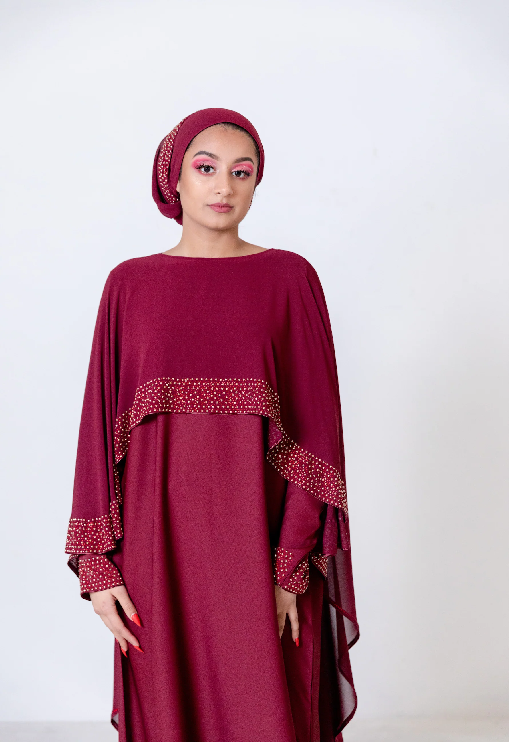 Maroon Closed Abaya - Chiffon Cape Design with Pearl and Diamante - Image 3
