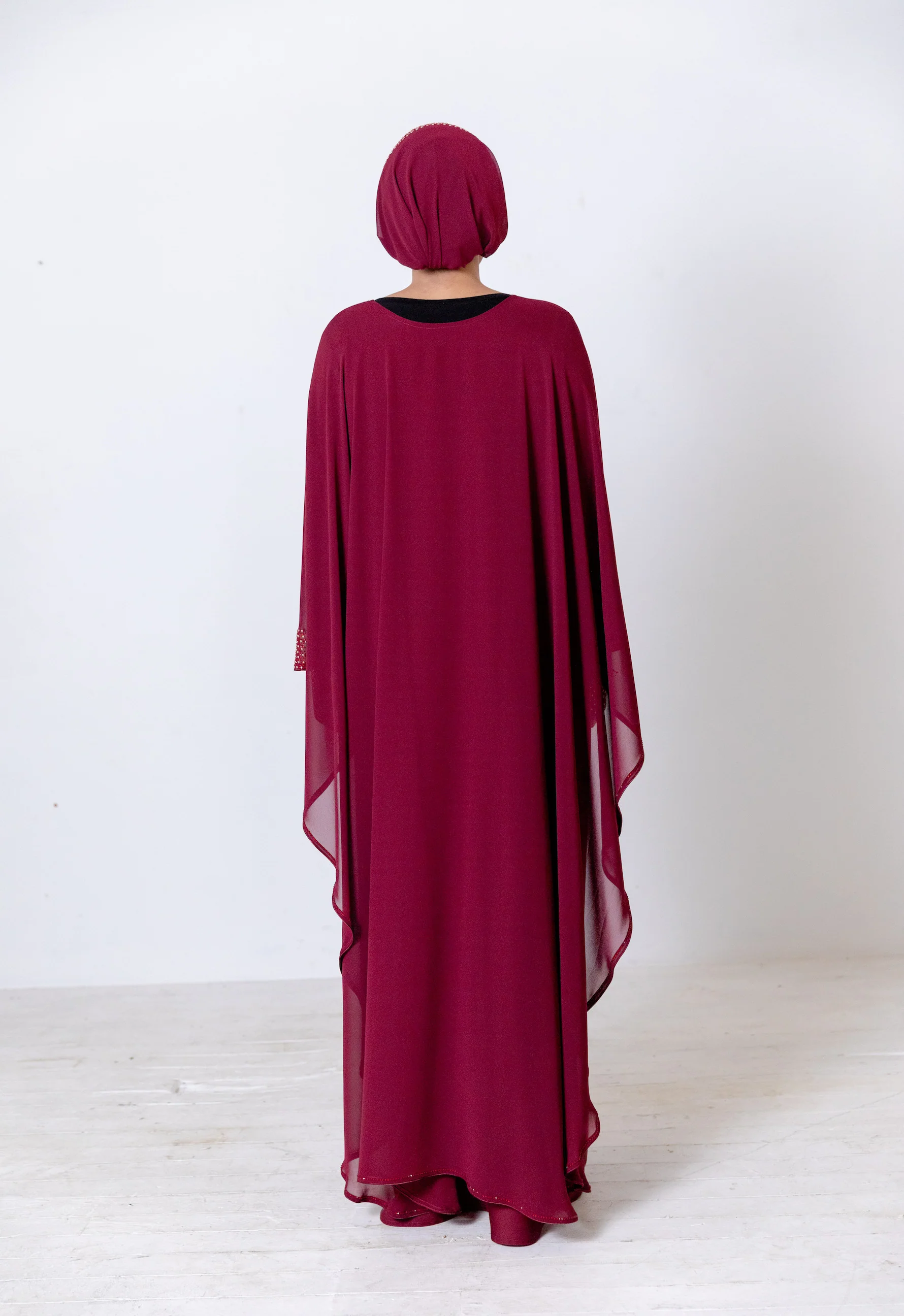 Maroon Closed Abaya - Chiffon Cape Design with Pearl and Diamante - Image 4