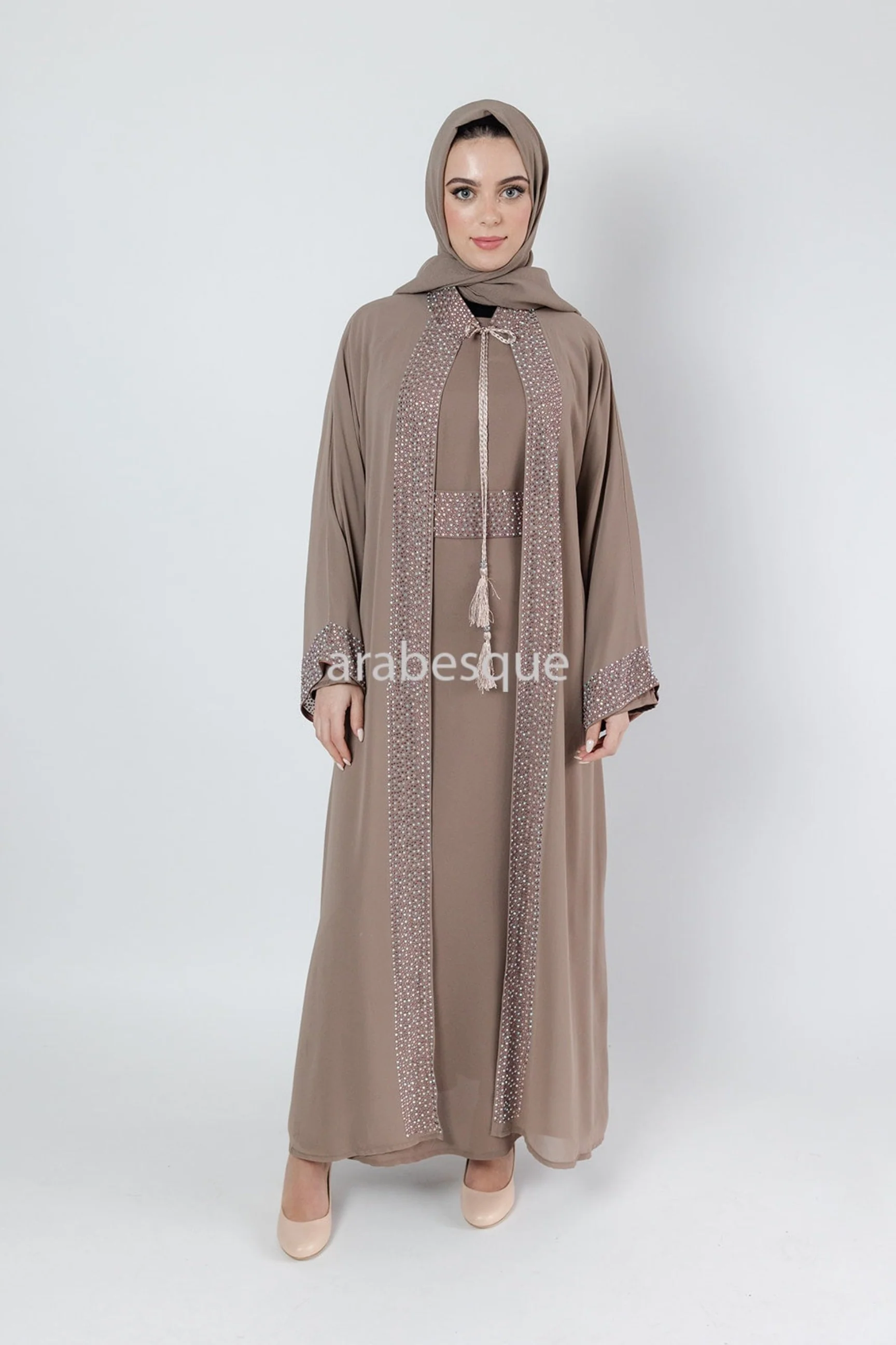Mink Abaya set with Belt diamante detailing with Belt, Slip and Chiffon Overlay