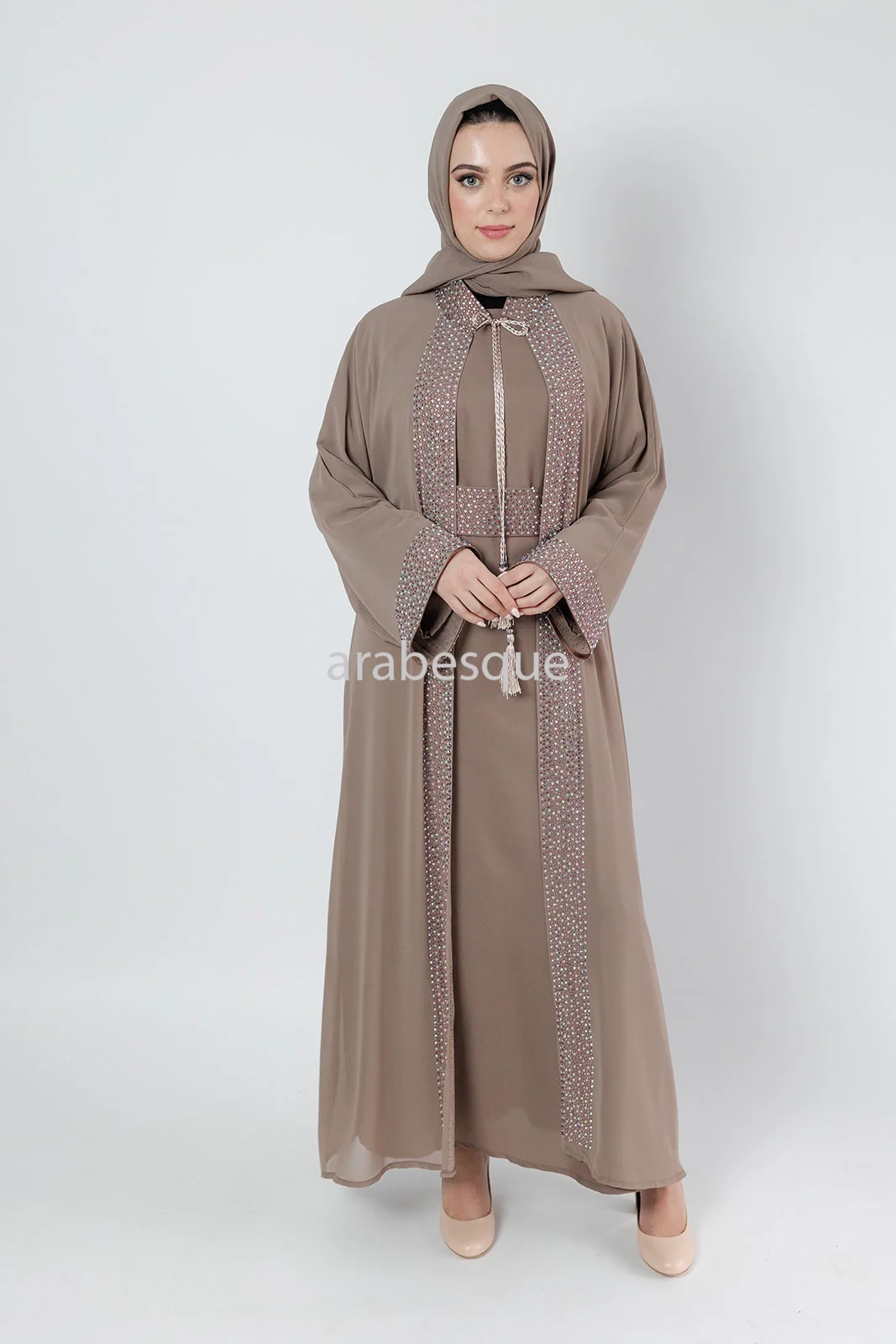 Mink Abaya set with Belt diamante detailing with Belt, Slip and Chiffon Overlay - Image 2