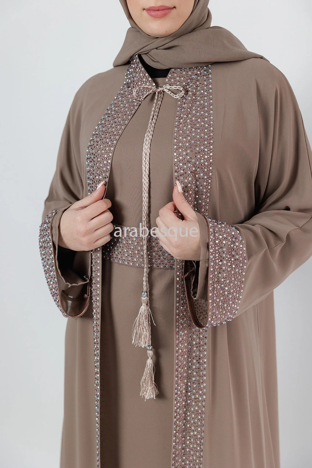 Mink Abaya set with Belt diamante detailing with Belt, Slip and Chiffon Overlay - Image 5