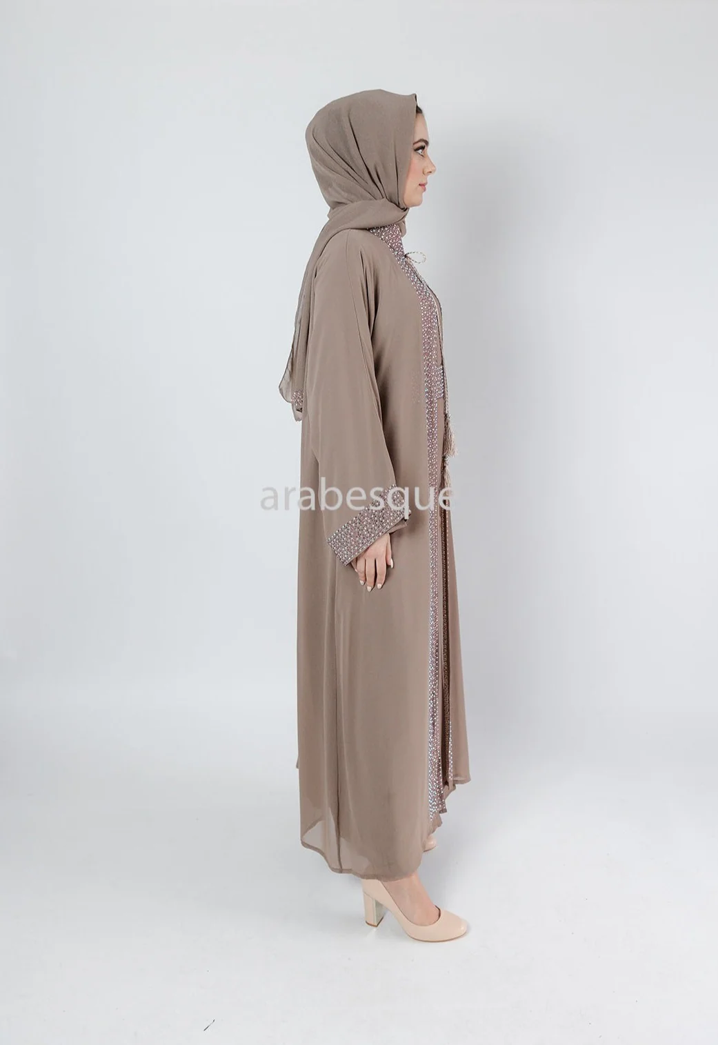 Mink Abaya set with Belt diamante detailing with Belt, Slip and Chiffon Overlay - Image 6