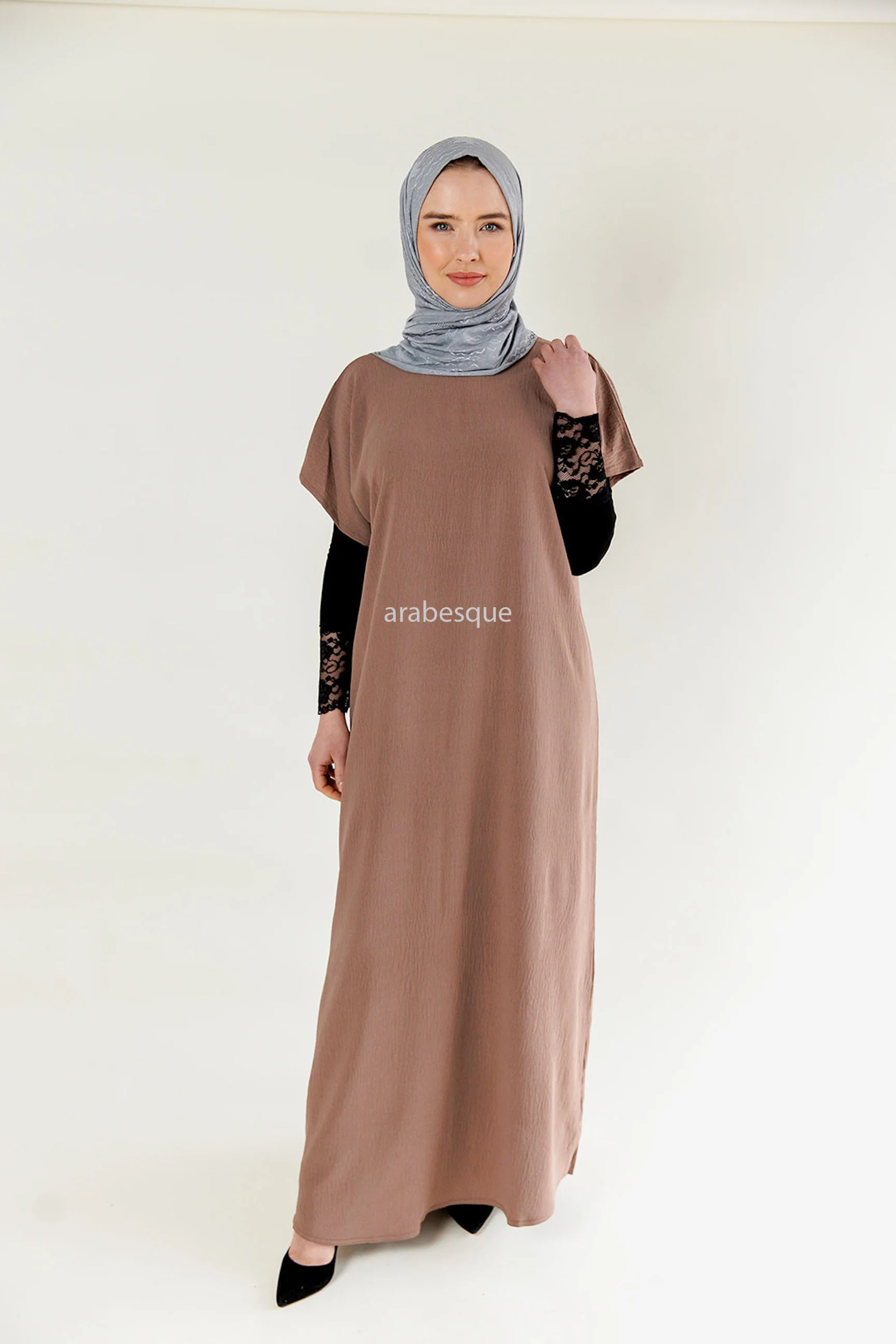Pastel Brown Crushed Polyester Short Sleeved Dress
