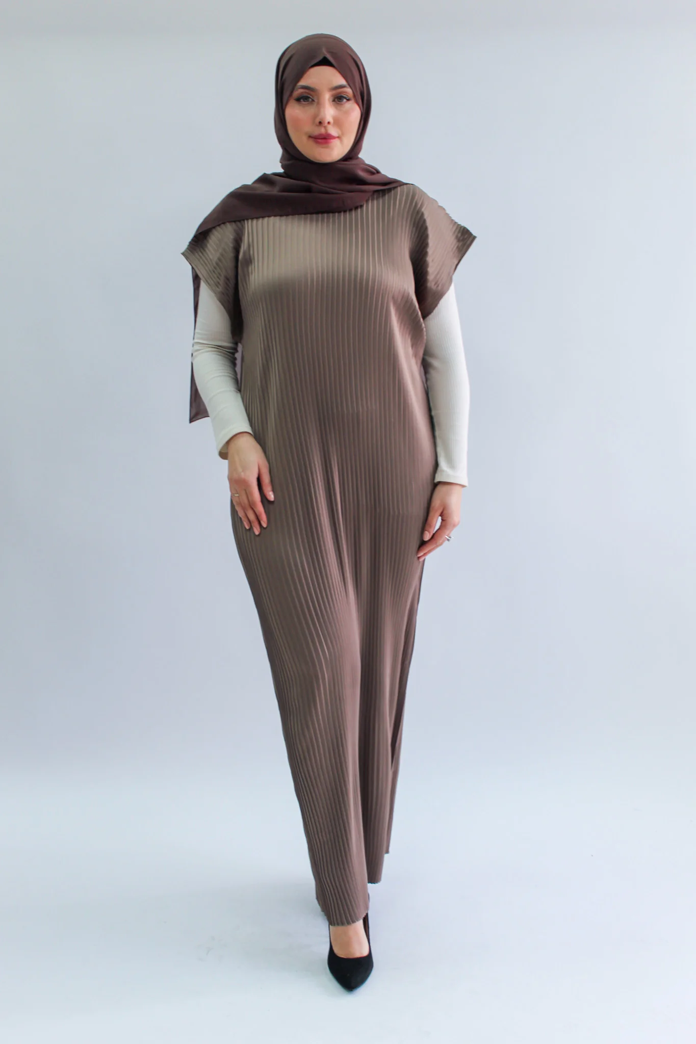 Mink Pleated Short Sleeve Dress  - Silky Ripple Satin