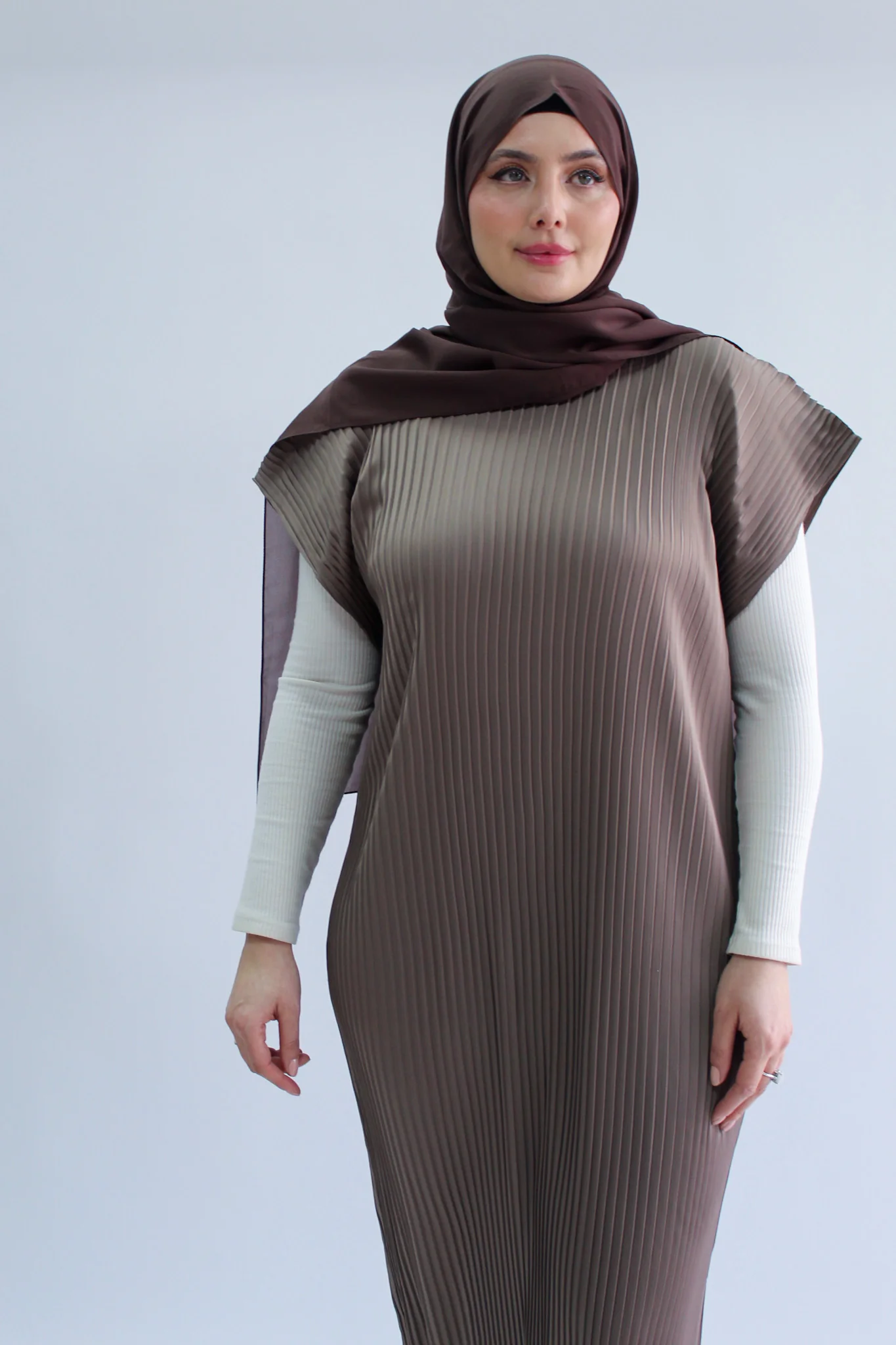 Mink Pleated Short Sleeve Dress  - Silky Ripple Satin - Image 3