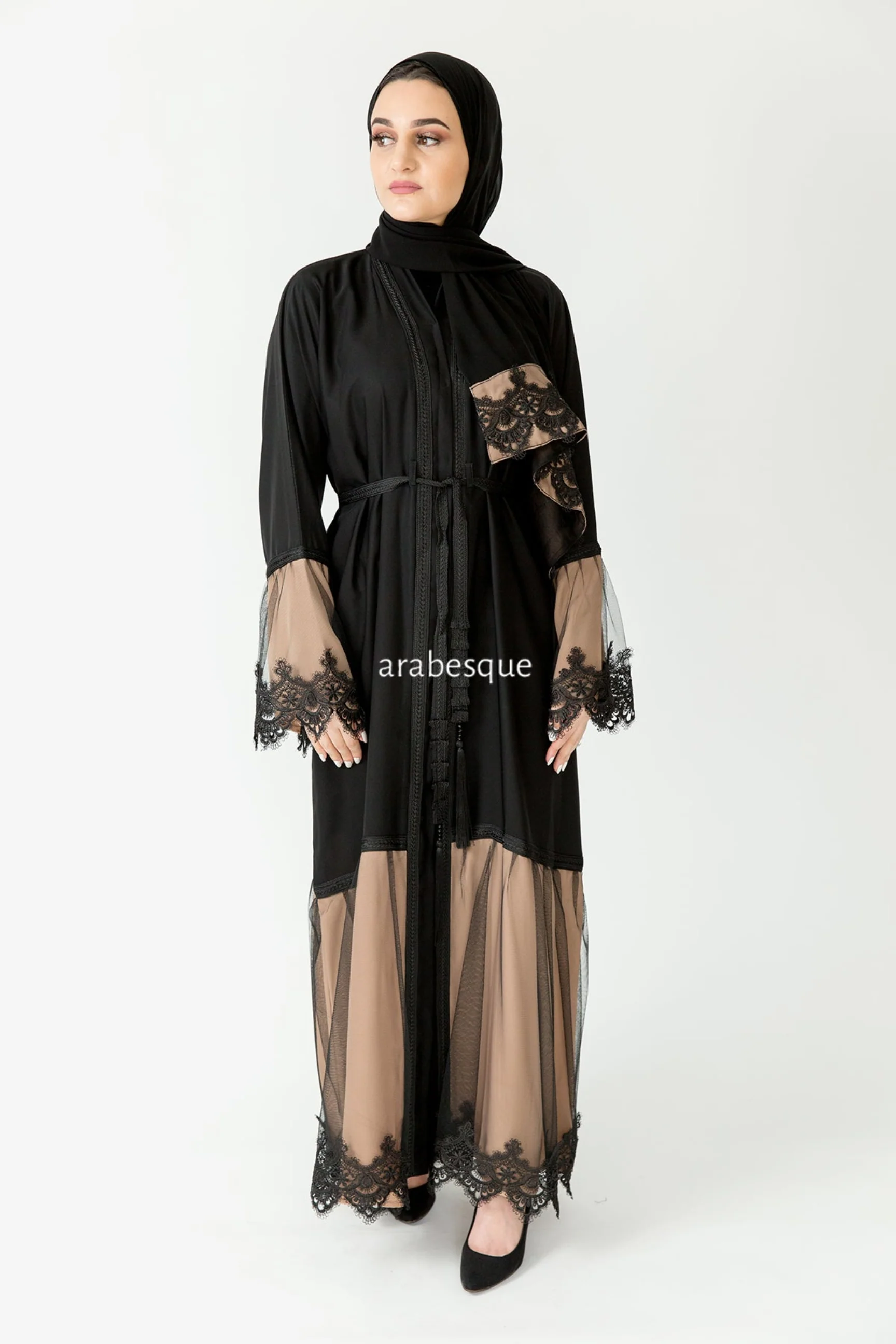 Black & Mocha Open Abaya – Lace and Net Panel Detailing