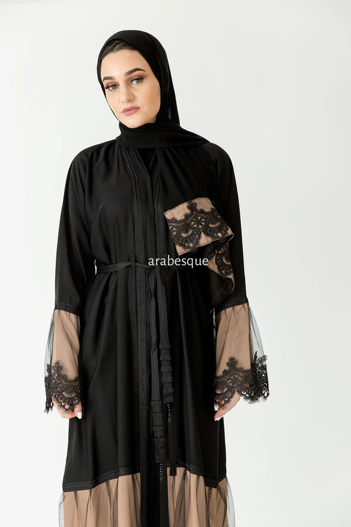 Black & Mocha Open Abaya – Lace and Net Panel Detailing - Image 3
