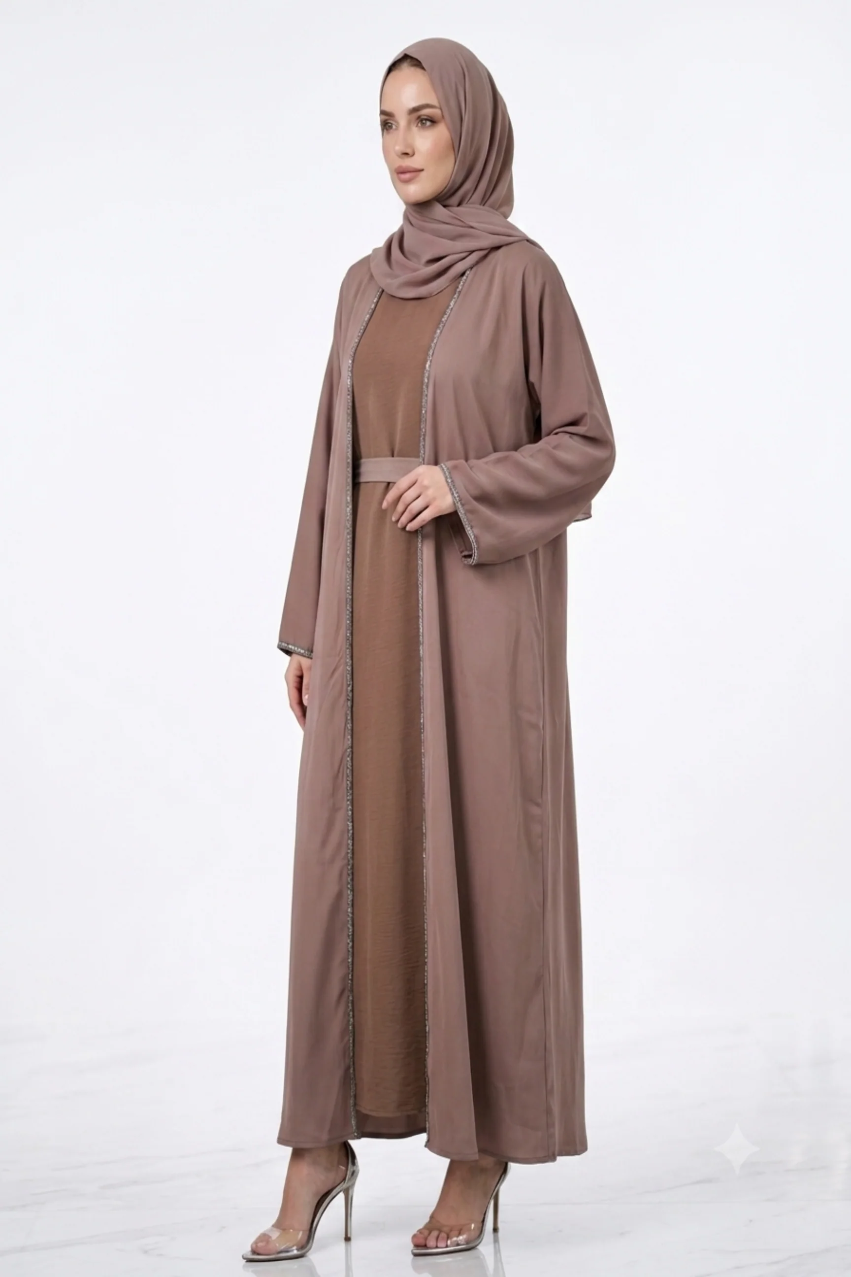 Pastel Brown Open Four Piece Abaya