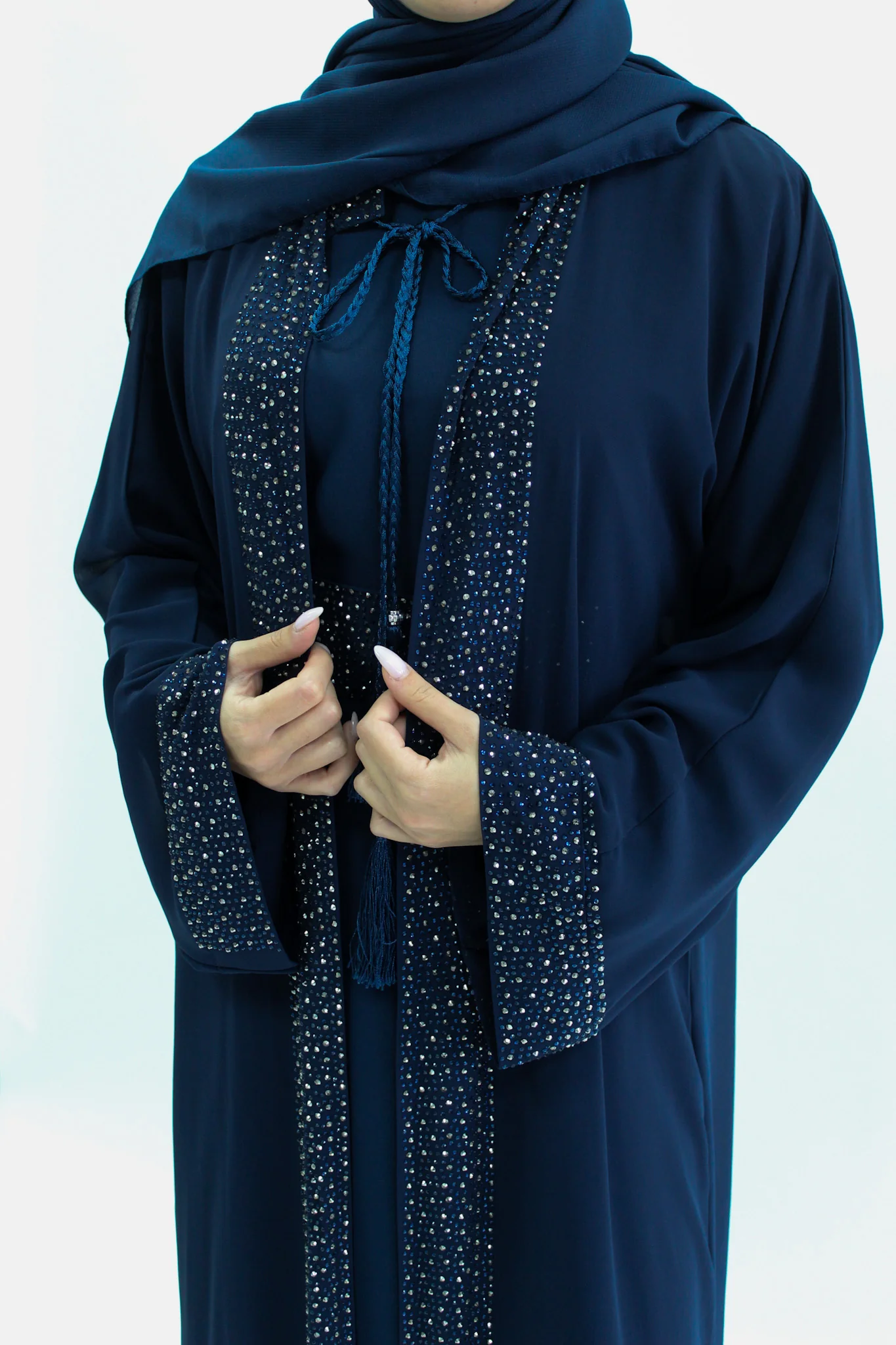Navy Luxury Abaya Set – Navy & Silver Diamante Detailing with Belt, Slip and Chiffon Overlay - Image 3