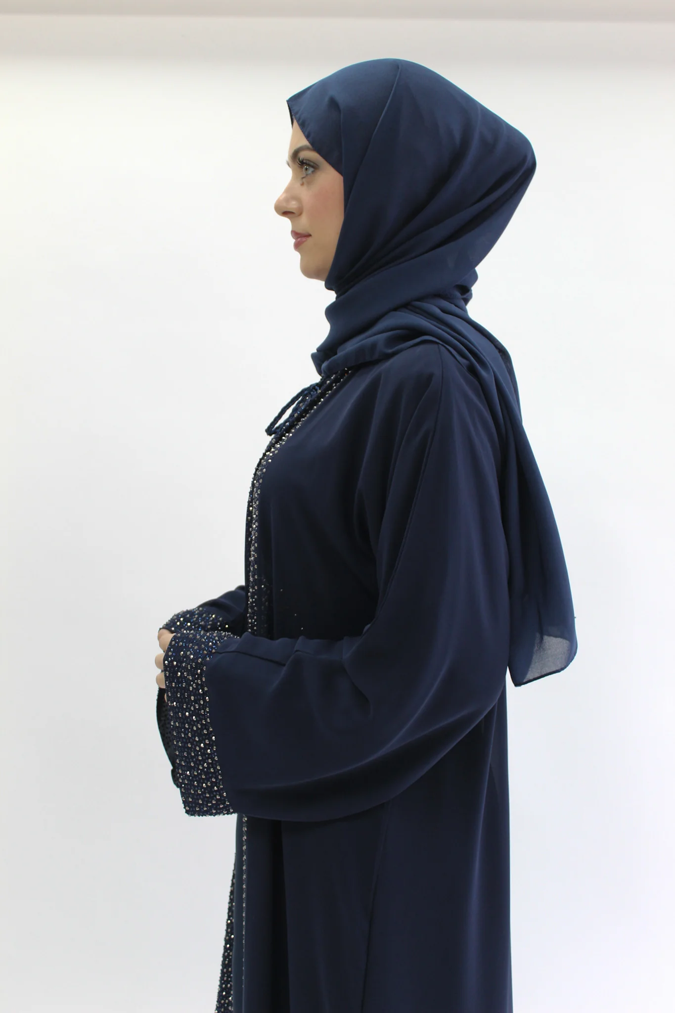 Navy Luxury Abaya Set – Navy & Silver Diamante Detailing with Belt, Slip and Chiffon Overlay - Image 4