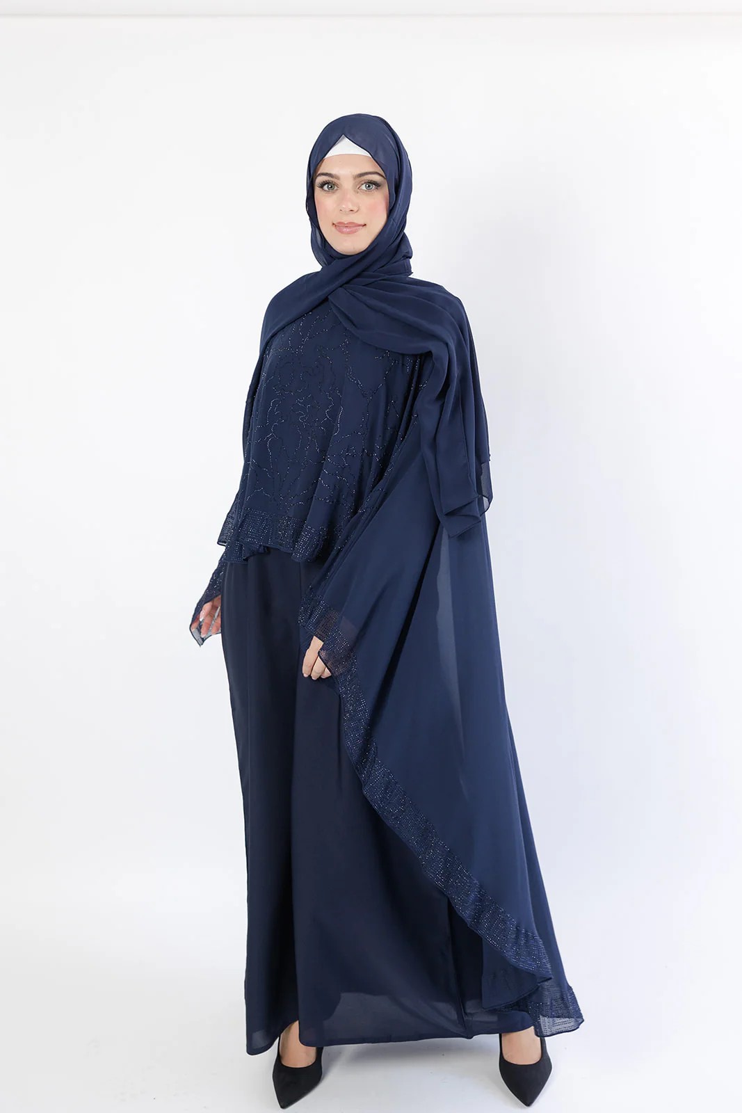 Navy Closed Abaya – Chiffon Cape Design with Abstract Pattern & Diamante Embellishment - Image 4