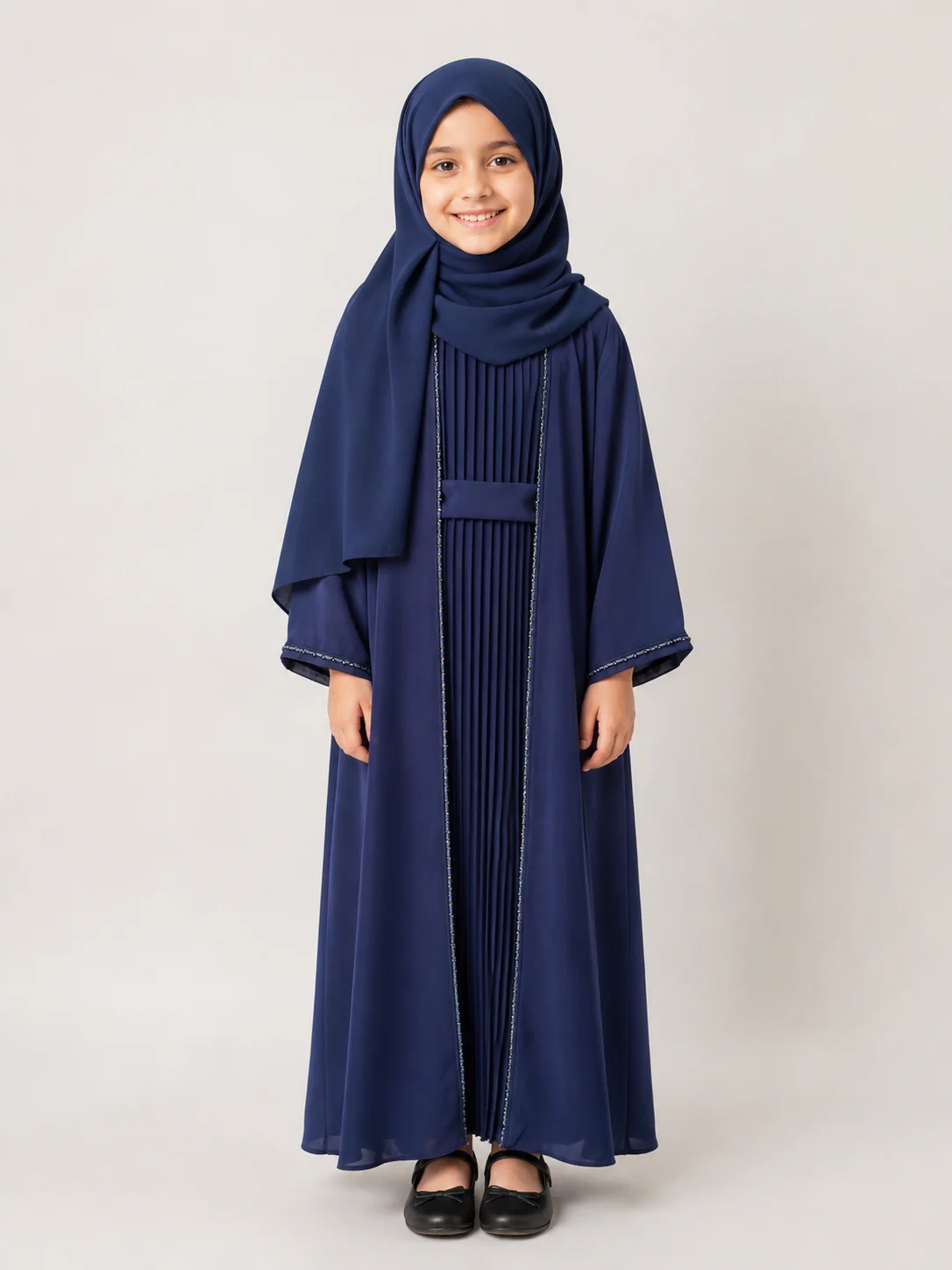 Navy Children Beaded Open With Pleated Inner Slip Abaya