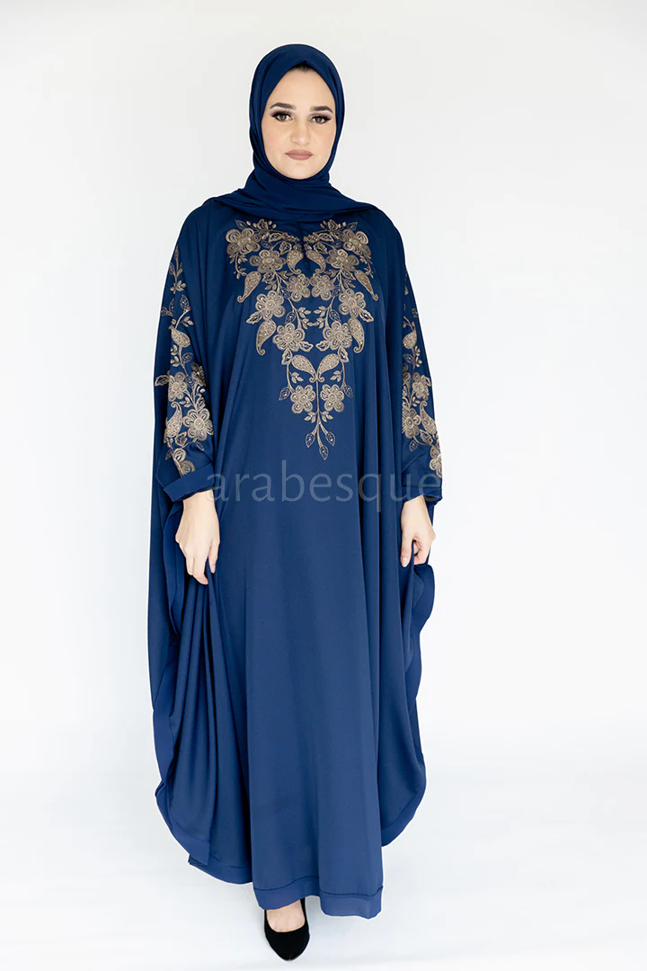 Navy Closed Abaya – Luxurious Gold Paisley Embroidered Batwing Design - Image 2