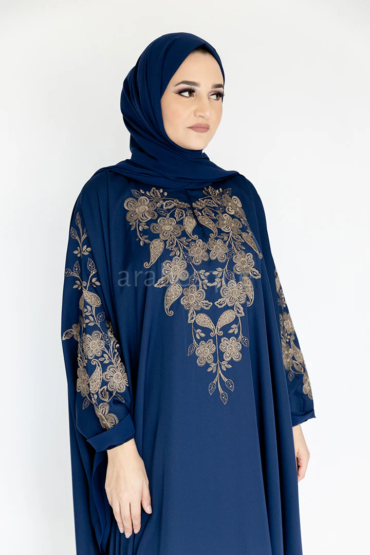 Navy Closed Abaya – Luxurious Gold Paisley Embroidered Batwing Design - Image 3